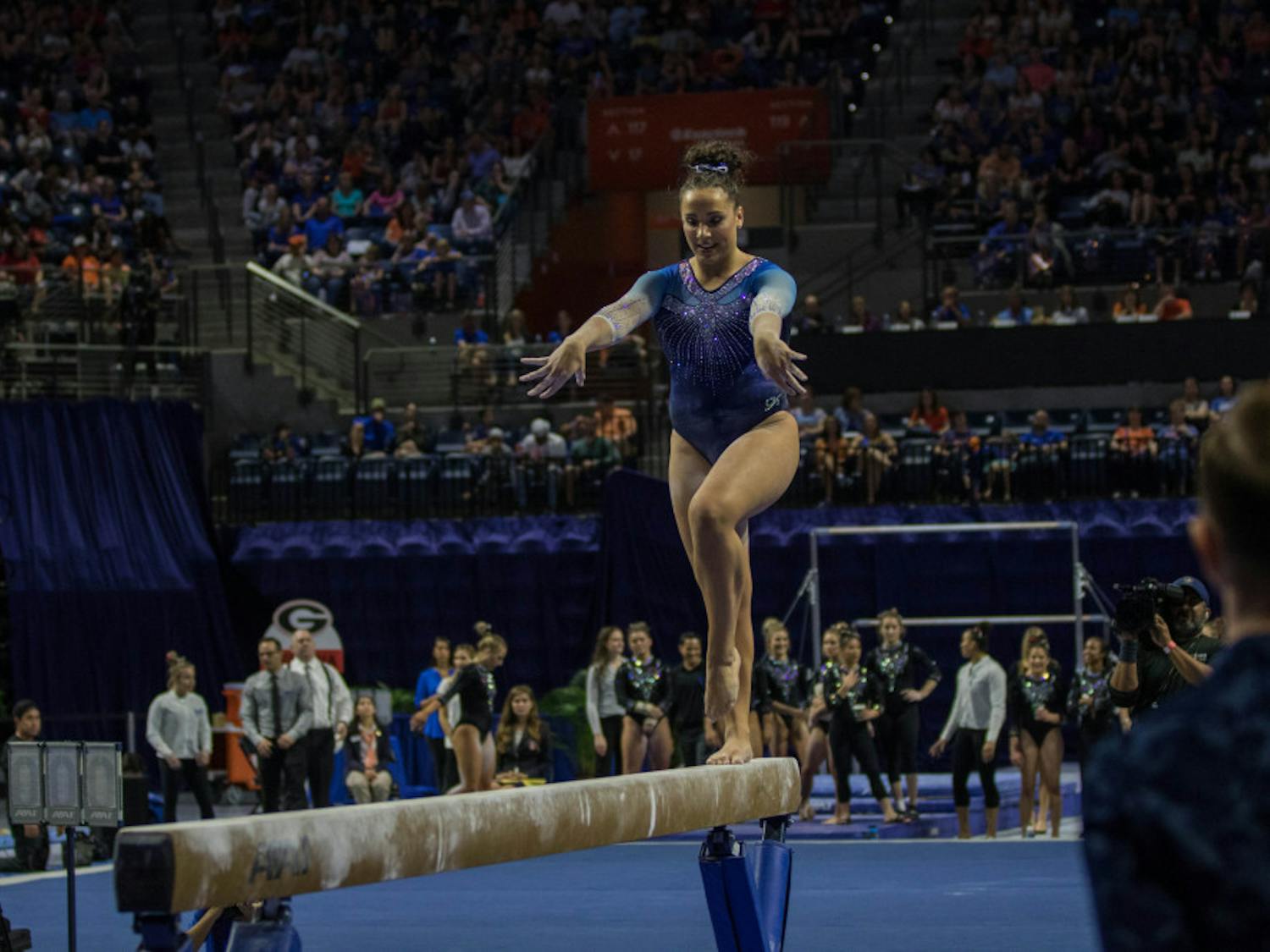 Junior gymnast Amelia Hundley scored a 9.925 on beam, UF’s highest total in the event, against Georgia on Feb. 22 at the O’Connell Center. 