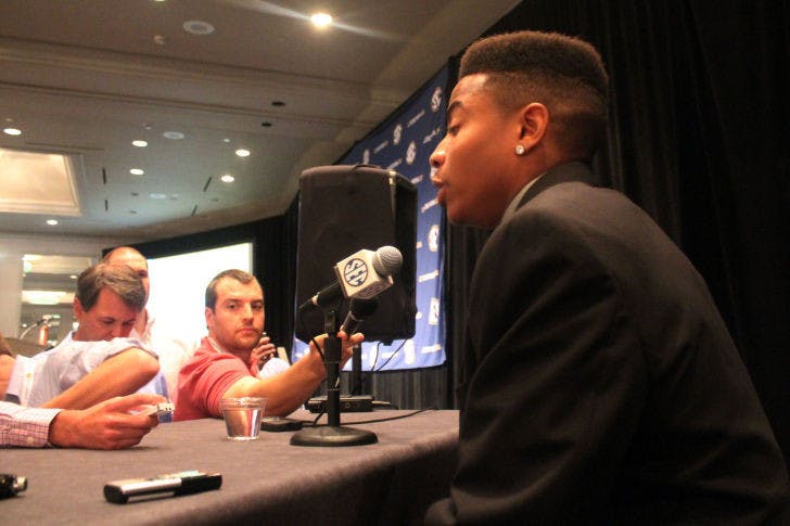 UF cornerback Vernon Hargreaves III speaks to reporters on Monday during the Southeastern Conference Media Days in Hoover, Ala.