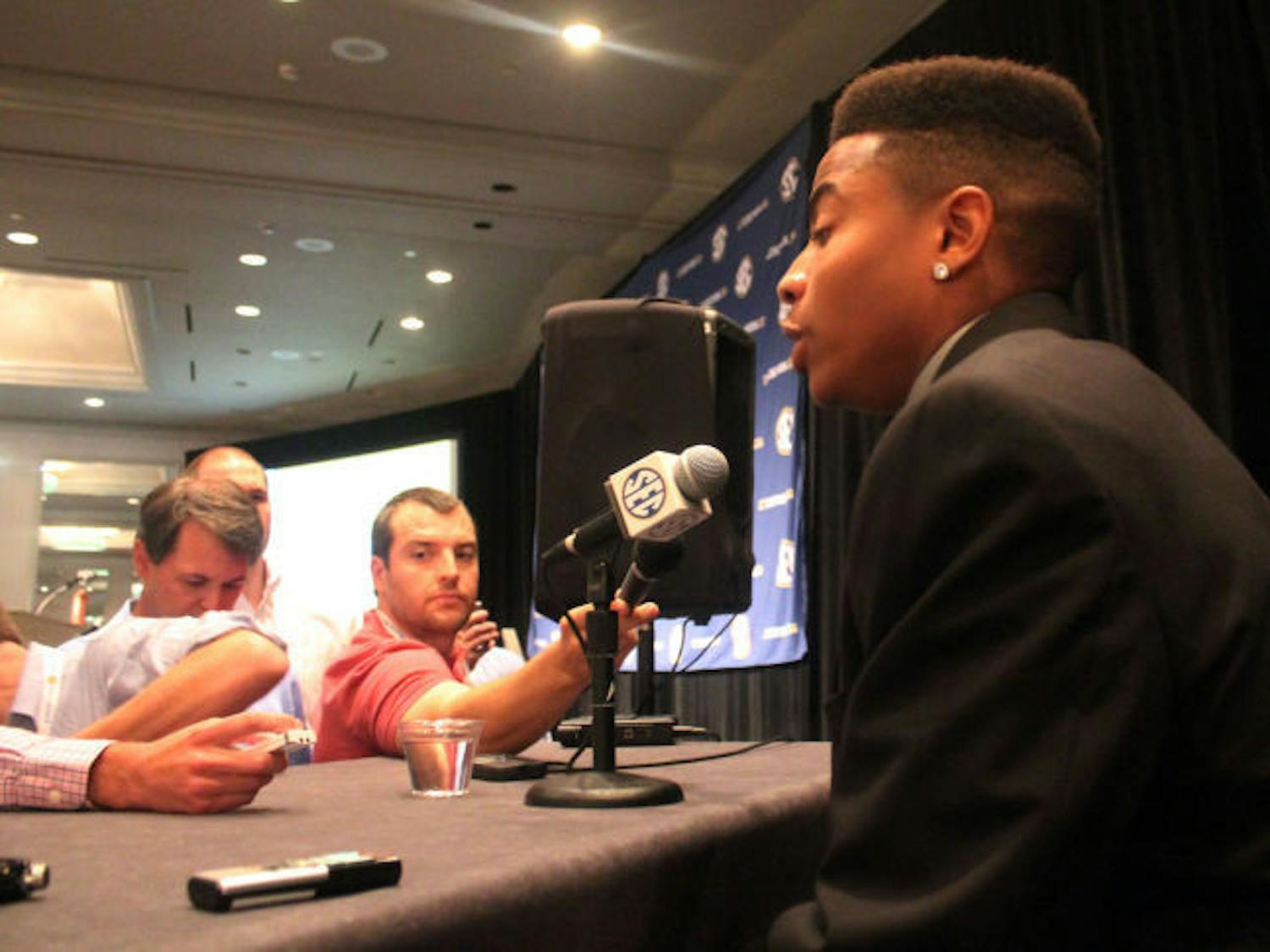 UF cornerback Vernon Hargreaves III speaks to reporters on Monday during the Southeastern Conference Media Days in Hoover, Ala.