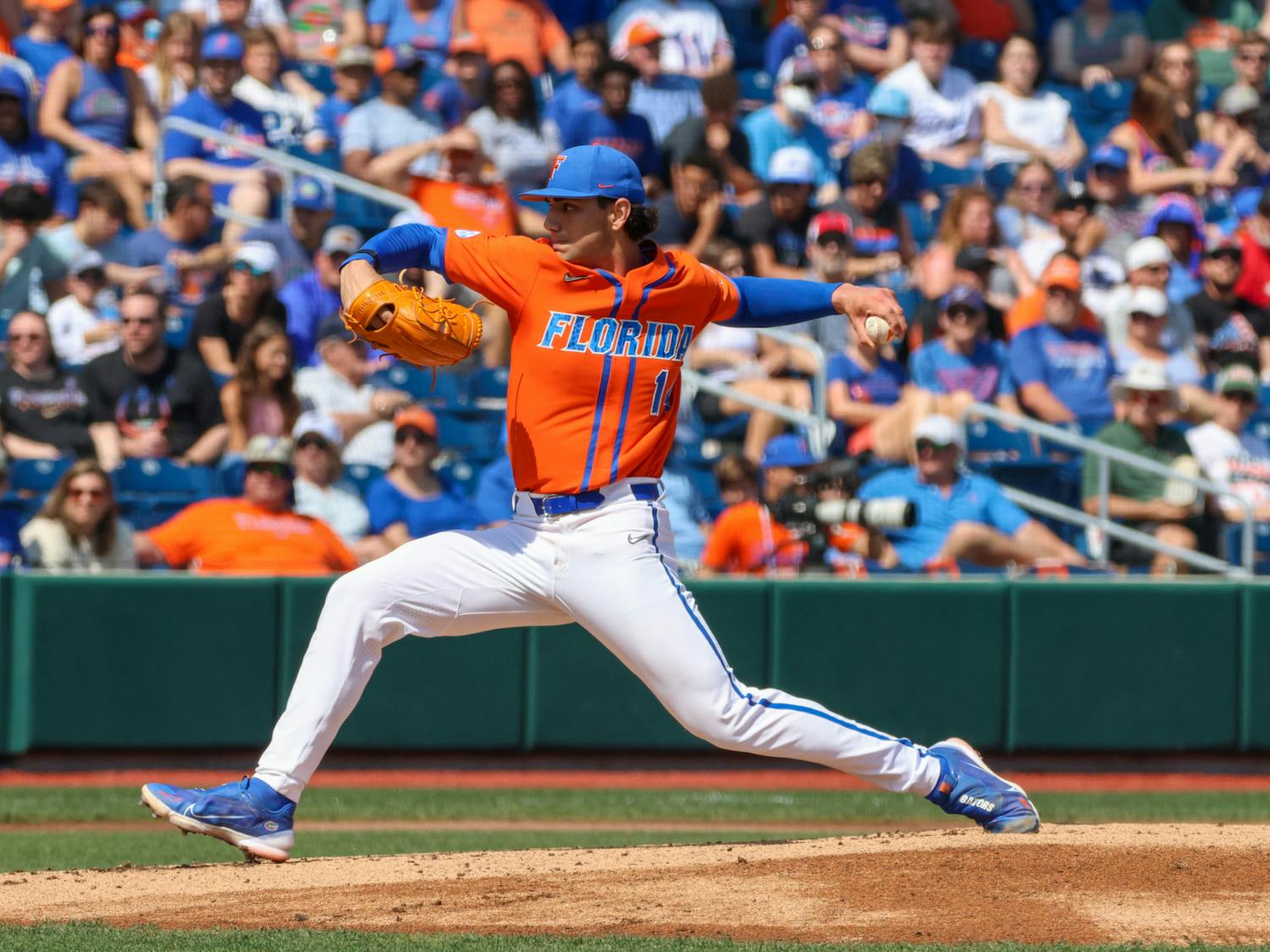 Florida sophomore Jac Caglianone pitches the ball in the Gators's 14-4 mercy-rule win against the No. 22 Miami Hurricanes at Condron Ballpark Sunday, March 5, 2023.