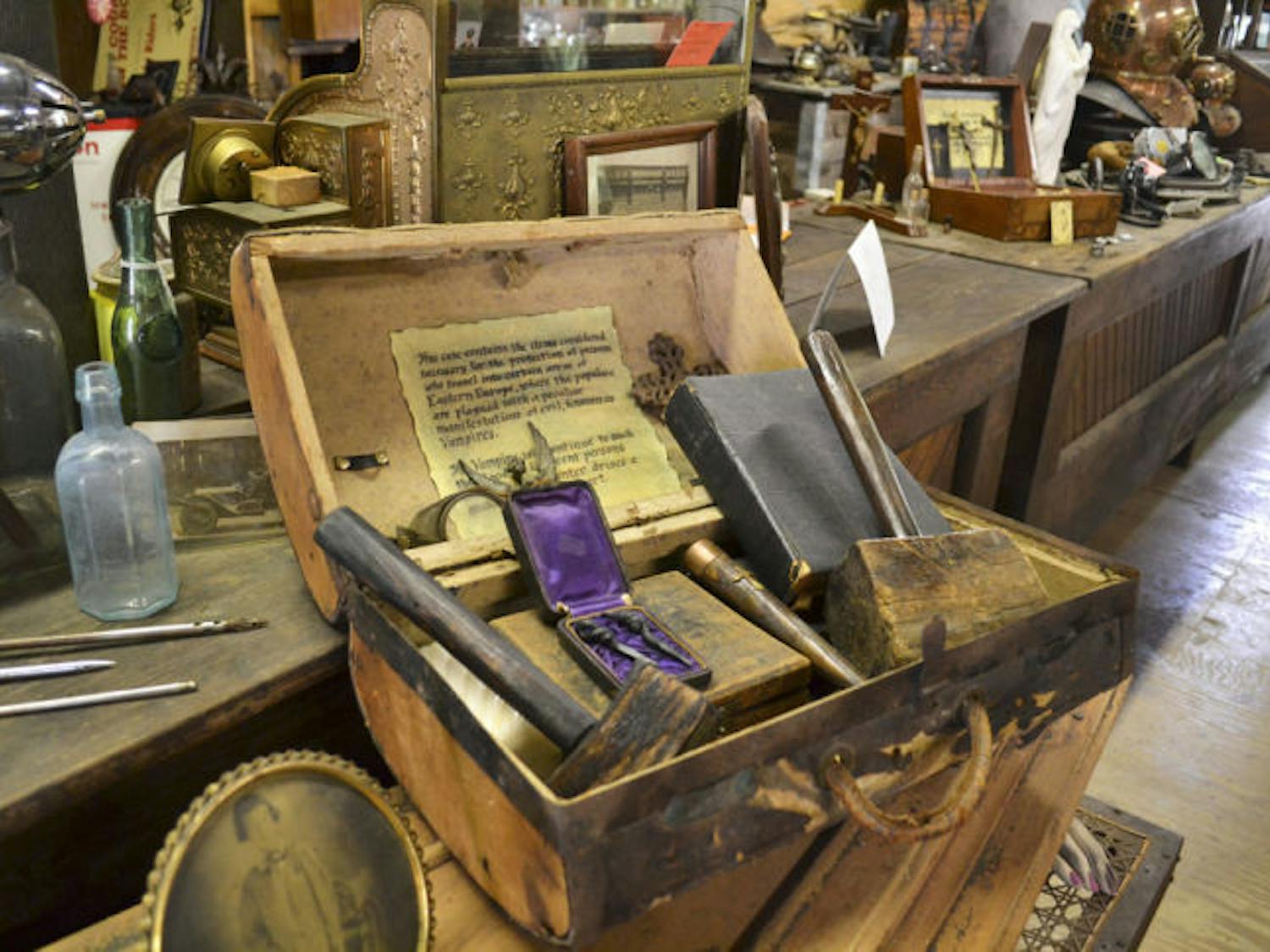 A vampire-slaying kit sits among similarly weird items at Comanche Moon Curios, a store for eclectic items near McIntosh, Fla.
