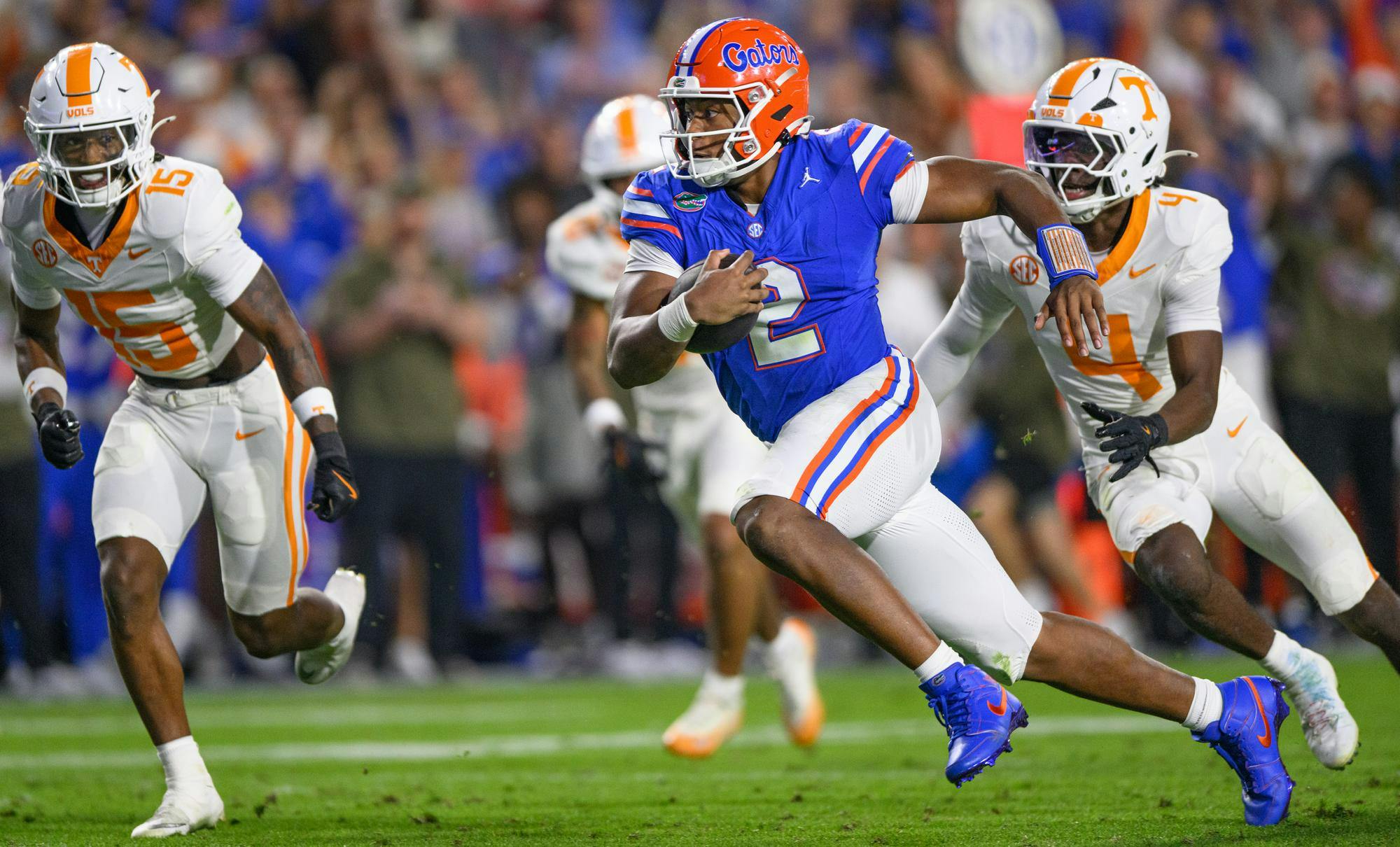 Florida quarterback DJ Lagway (2) run during the first half of an NCAA college football game, Saturday, Nov. 22, 2025, in Gainesville, Fla.
