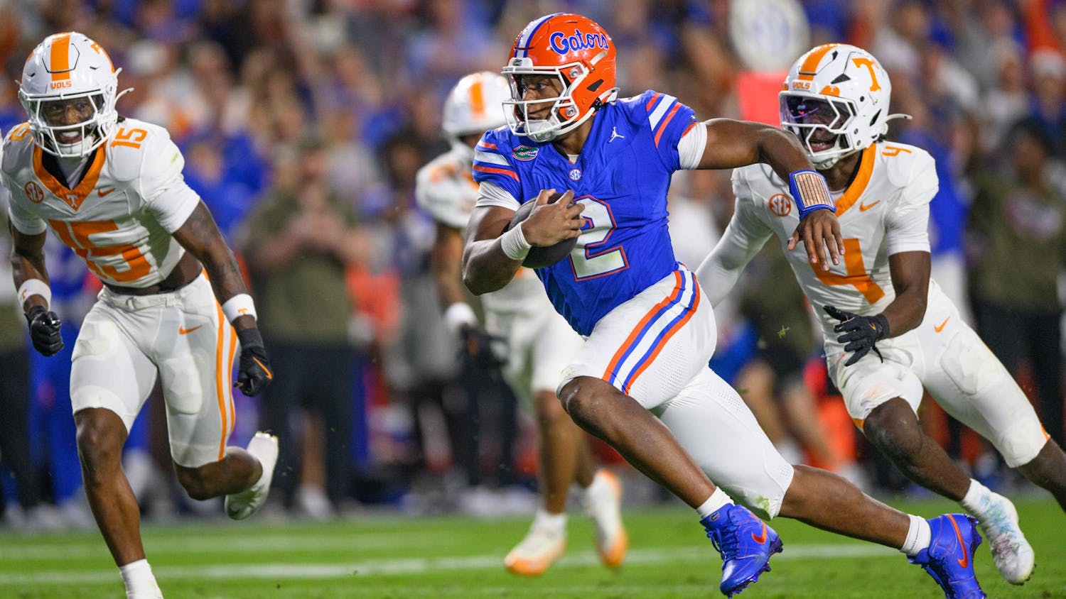 Florida quarterback DJ Lagway (2) run during the first half of an NCAA college football game, Saturday, Nov. 22, 2025, in Gainesville, Fla.