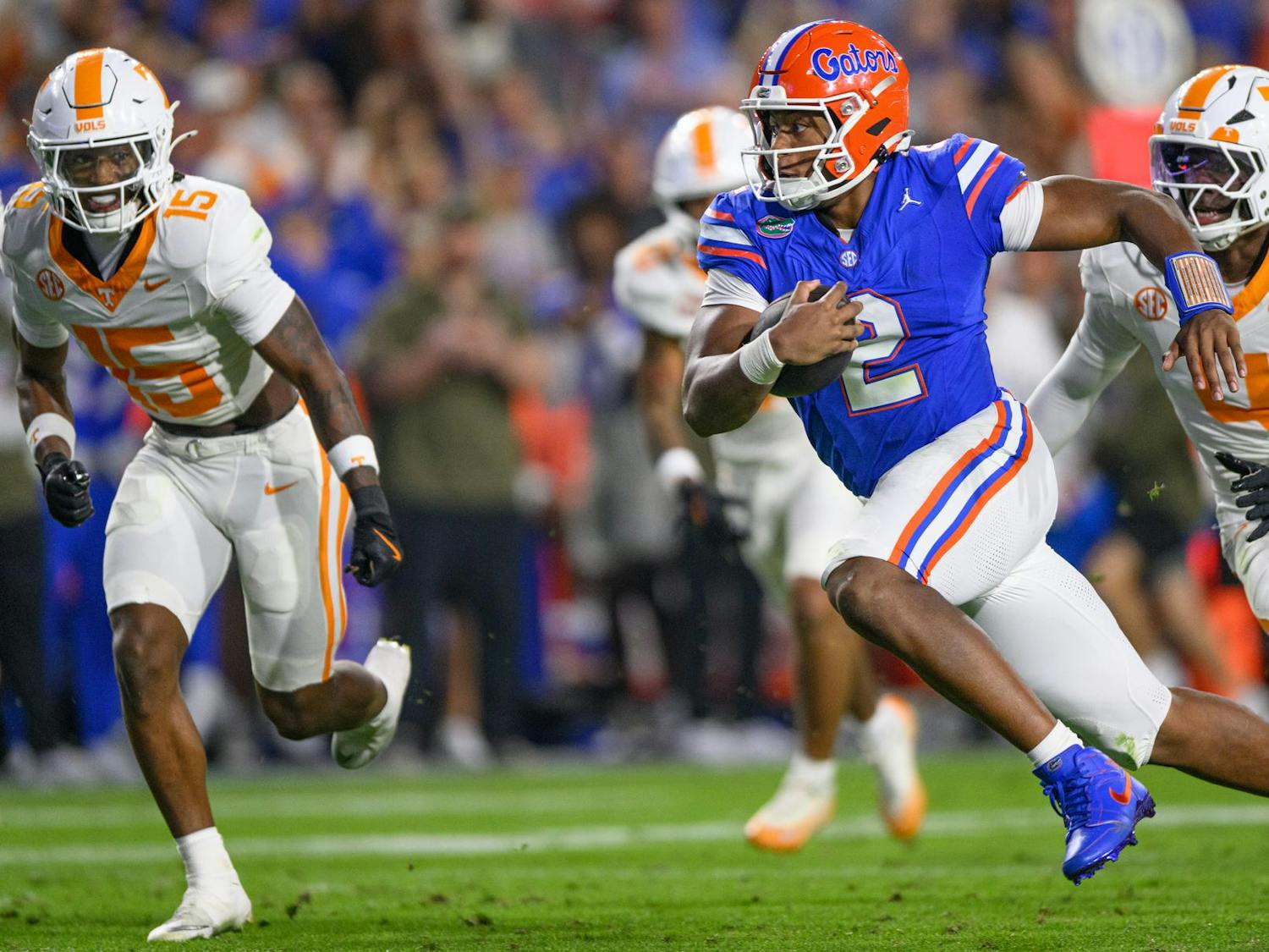 Florida quarterback DJ Lagway (2) run during the first half of an NCAA college football game, Saturday, Nov. 22, 2025, in Gainesville, Fla.