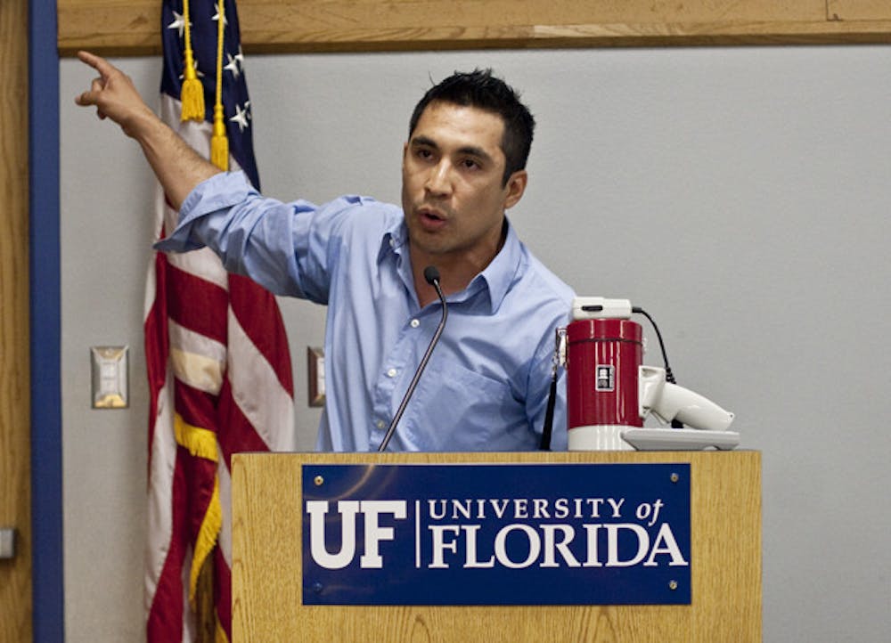<p>Jose Soto, co-president of UF’s Graduate Assistants United, speaks about CISE budget cuts at the Student Senate meeting Tuesday night.</p>