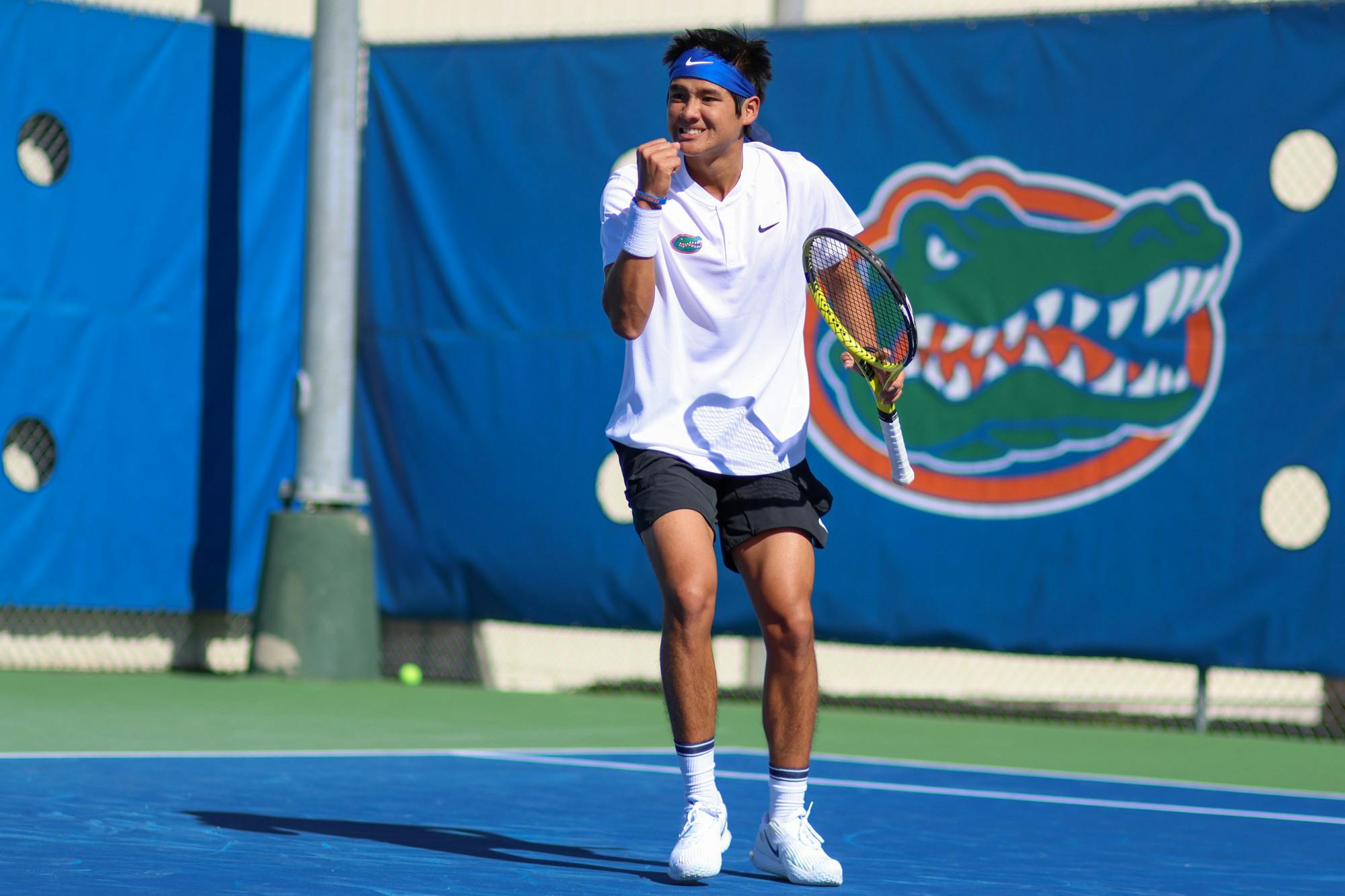 Florida freshman Tanapatt Nirundorn celebrates after winning a point in his match against the Texas Longhorns Sunday, Jan. 15, 2023. 