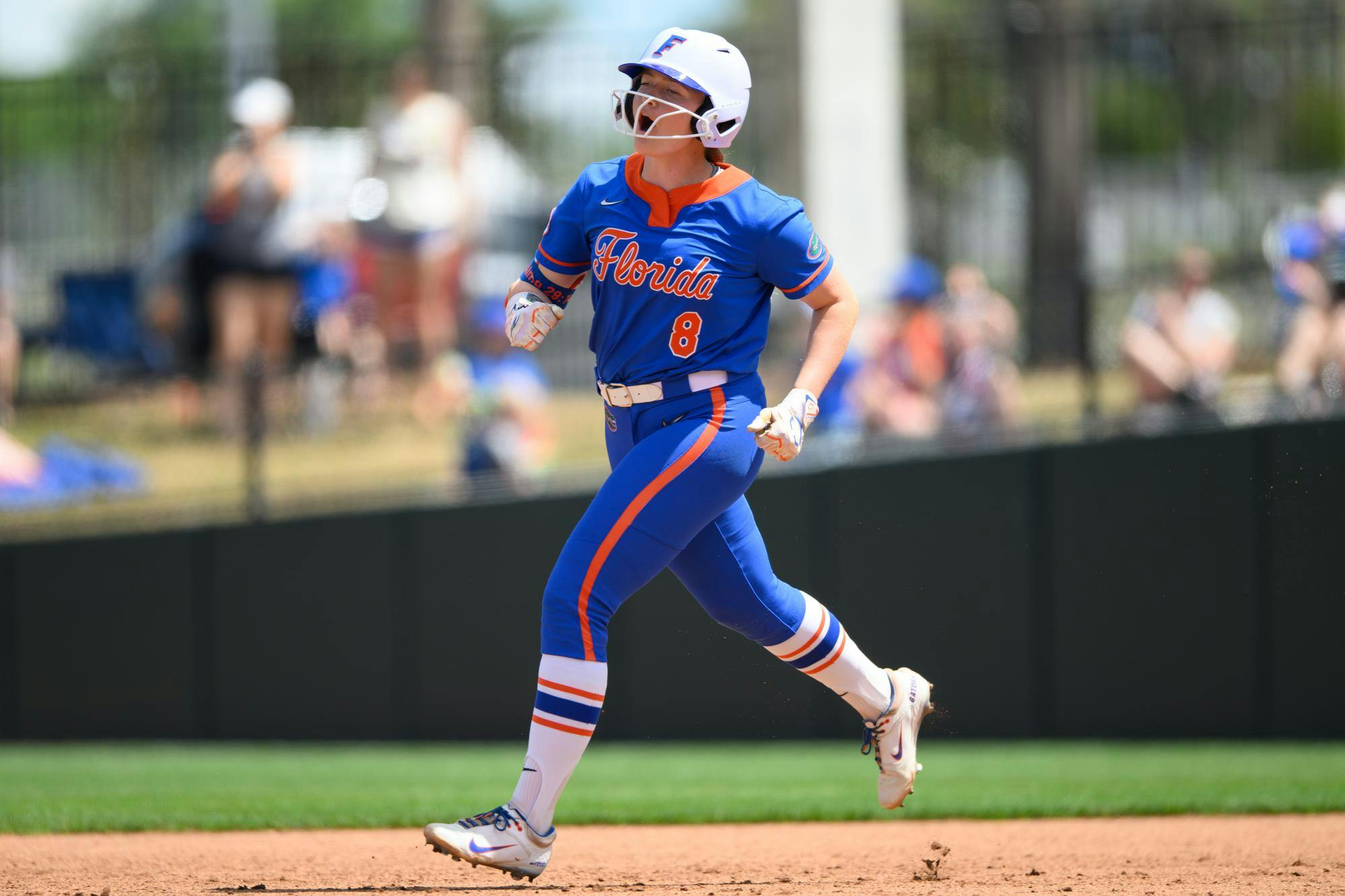 Florida catcher Jocelyn Erickson (8) runs to second after a home run during an NCAA softball game against Mississippi State, Saturday, April 4, 2026, in Gainesville, Fla.