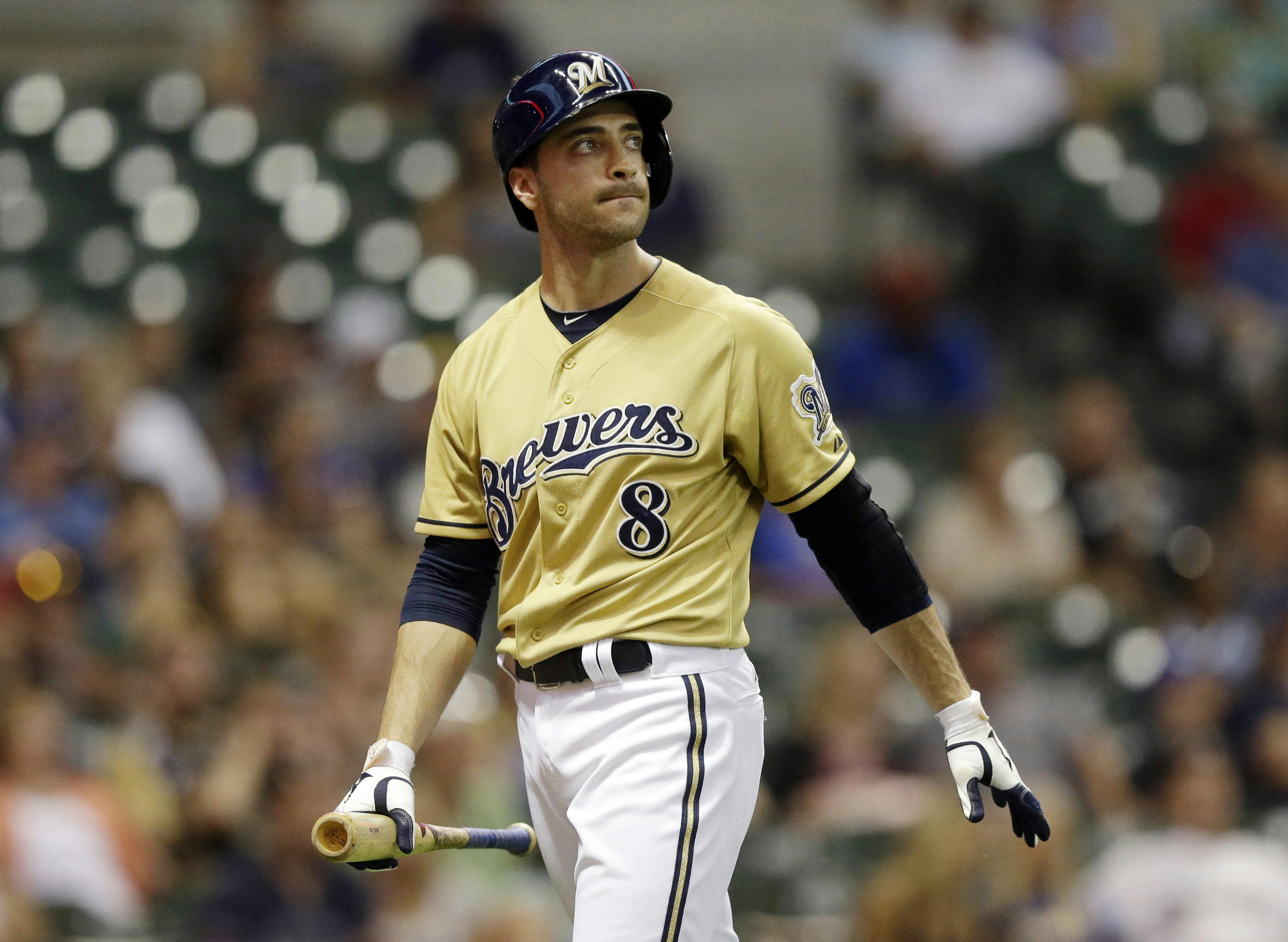 Milwaukee Brewers' Ryan Braun reacts after striking out after pinch hitting during the 11th inning of a baseball game against the Miami Marlins on Sunday in Milwaukee. Braun, a former National League MVP, has been suspended without pay for the rest of the season and admitted he "made mistakes" in violating Major League Baseball's drug policies. 