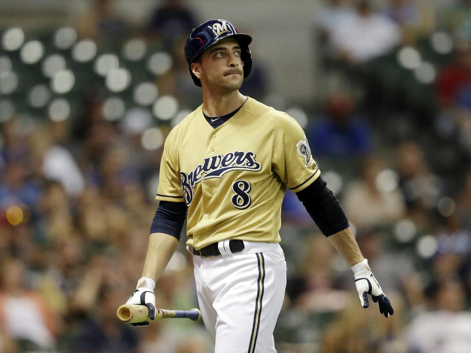 Milwaukee Brewers' Ryan Braun reacts after striking out after pinch hitting during the 11th inning of a baseball game against the Miami Marlins on Sunday in Milwaukee. Braun, a former National League MVP, has been suspended without pay for the rest of the season and admitted he "made mistakes" in violating Major League Baseball's drug policies.