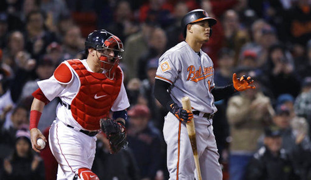 <p>Baltimore Orioles third baseman Manny Machado reacts after striking out during Wednesday's 4-2 loss to the Boston Red Sox.</p>