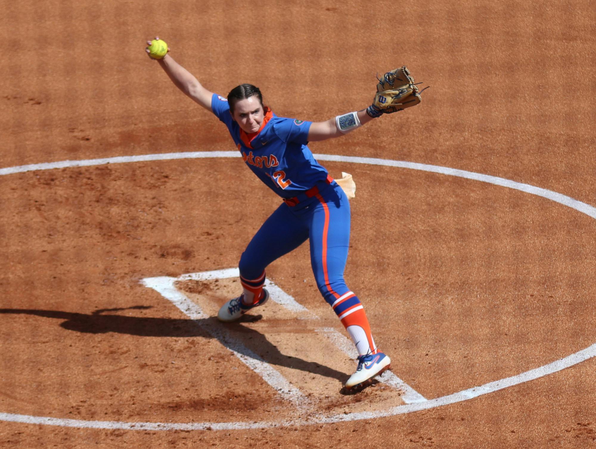 Florida&#x27;s Elizabeth Hightower pitches against Louisville on February 27, 2021. The senior shutout USF Sunday afternoon.