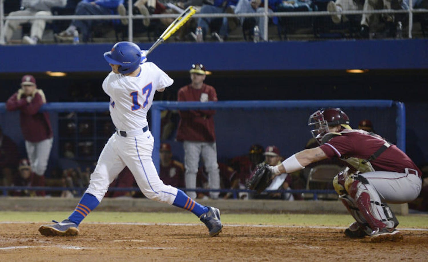 Taylor Gushue swings during Florida’s 4-1 loss against Florida State on Mar. 12, 2013, at McKethan Stadium. Gushue tied for the team lead with five home runs last year. Florida opens its season at home against Maryland tonight at 7.