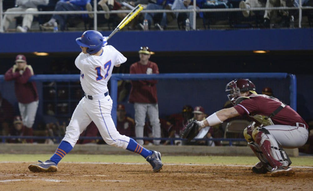 <p>Taylor Gushue swings during Florida’s 4-1 loss against Florida State on Mar. 12, 2013, at McKethan Stadium. Gushue tied for the team lead with five home runs last year. Florida opens its season at home against Maryland tonight at 7.</p>