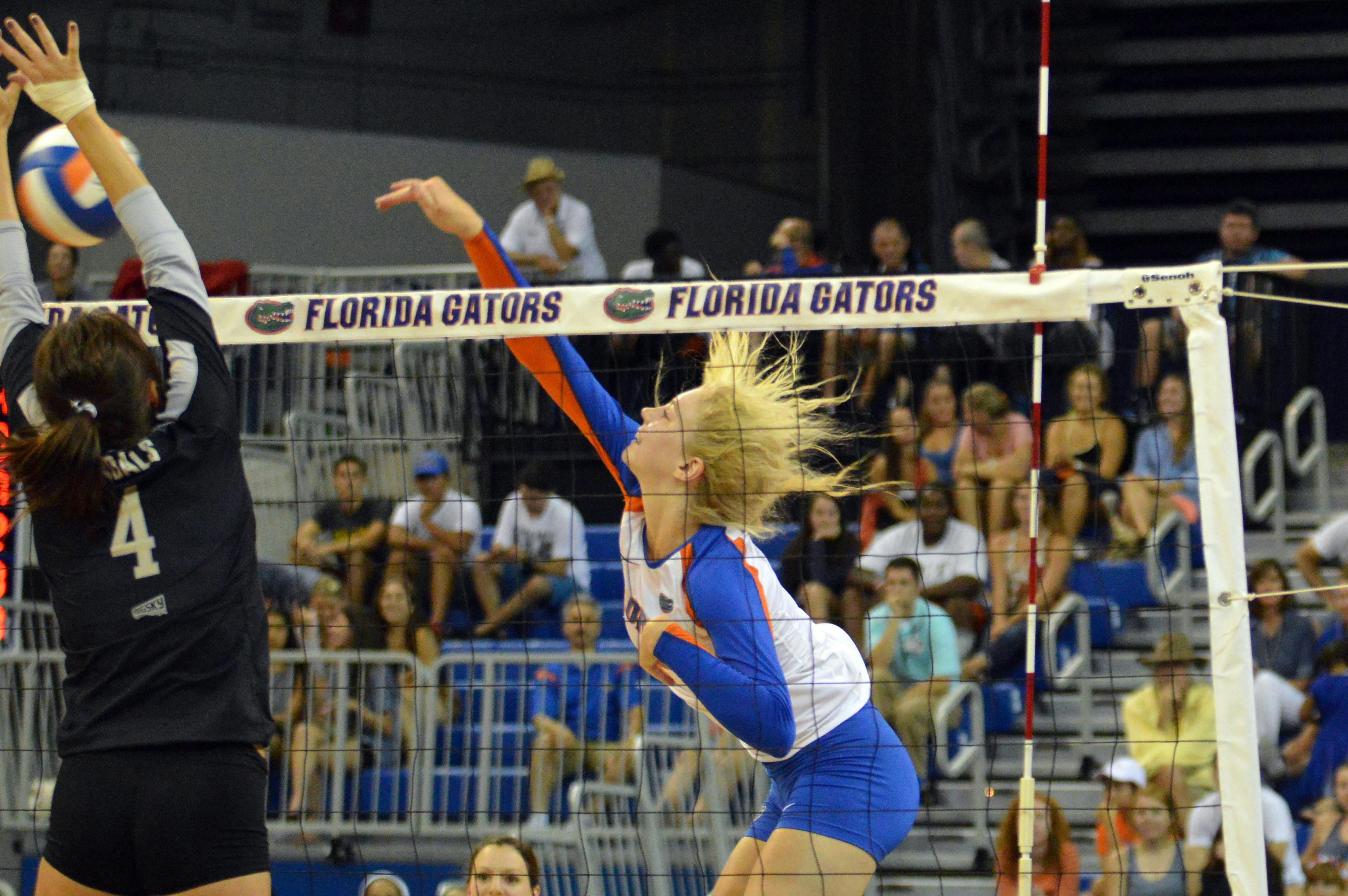 Freshman outside hitter Carli Snyder attempts a kill during Florida's 3-0 win against Idaho in the O'Connell Center.