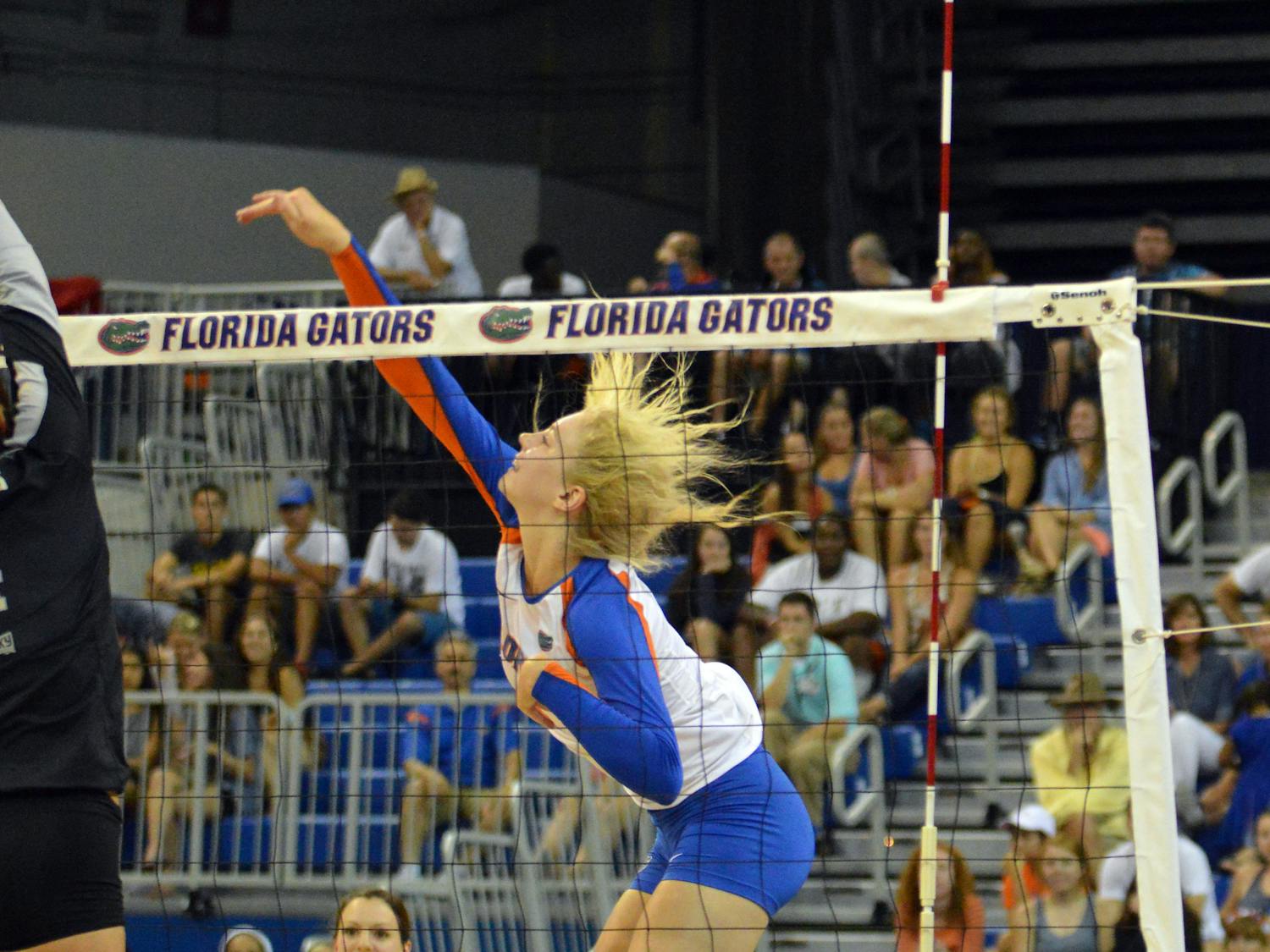 Freshman outside hitter Carli Snyder attempts a kill during Florida's 3-0 win against Idaho in the O'Connell Center.