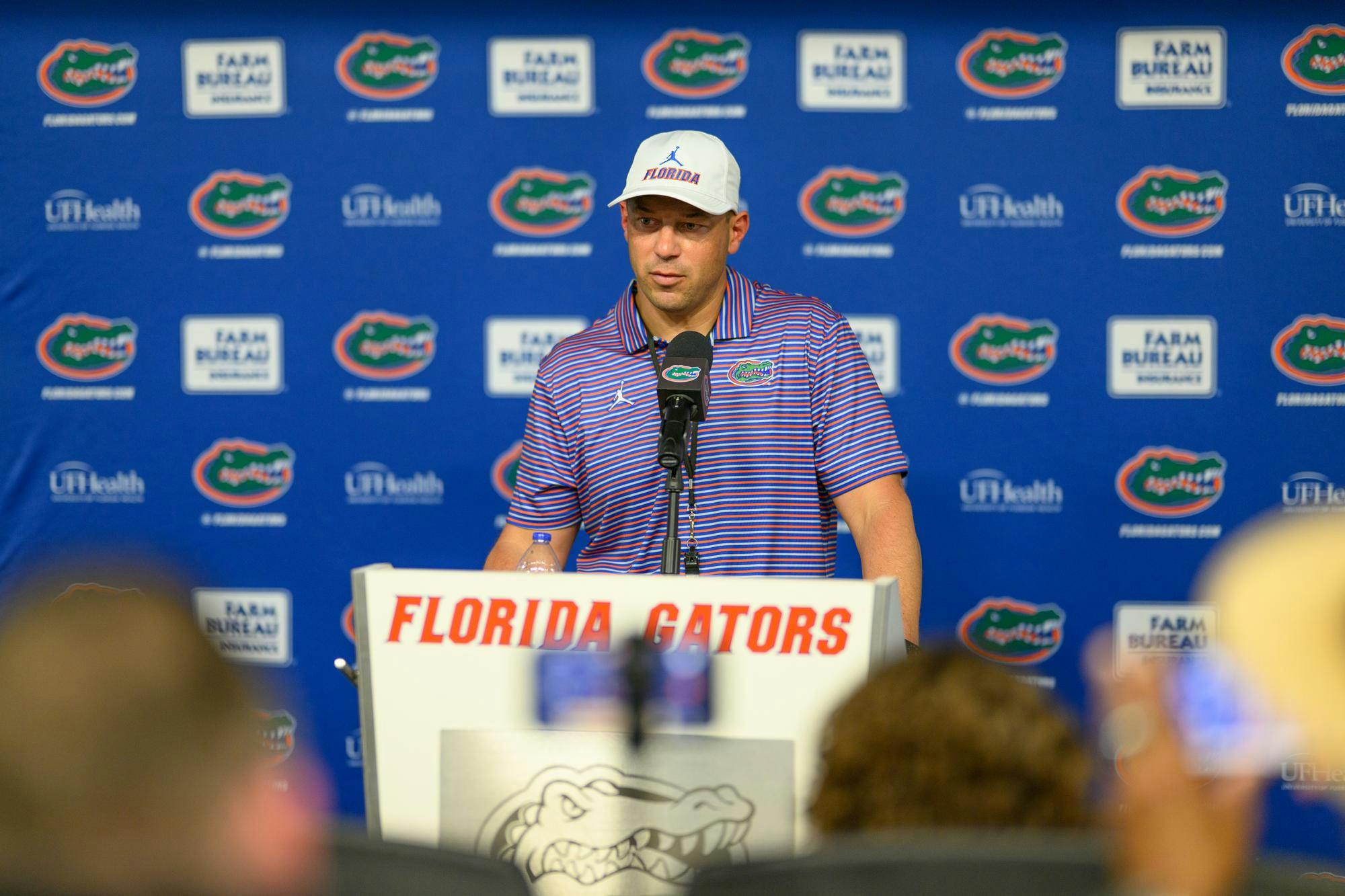 Florida head coach Jon Sumrall speaks to the press after the Orange & Blue spring football game, Saturday, April 11, 2026, in Gainesville, Fla.