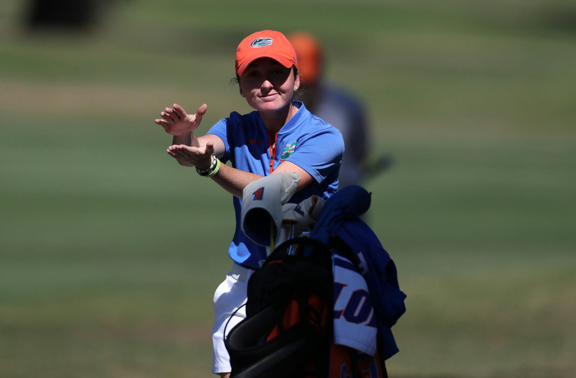 Marina Escobar chomps during the third round of the 2021 Gators Invitational.  / UAA Communications photo by Tim Casey