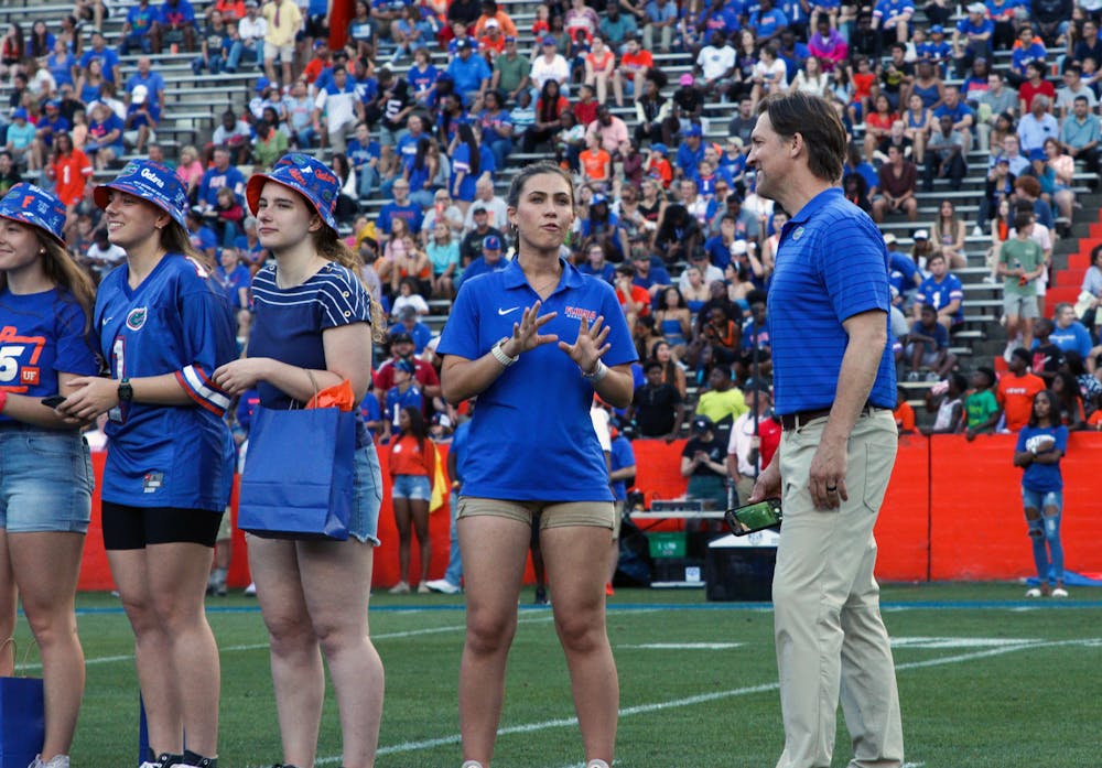 <p>UF President Ben Sasse makes an appearance at the Orange and Blue football game Thursday, April 13, 2023. This is one of the few public appearances Sasse has made after taking office Feb. 3. </p>