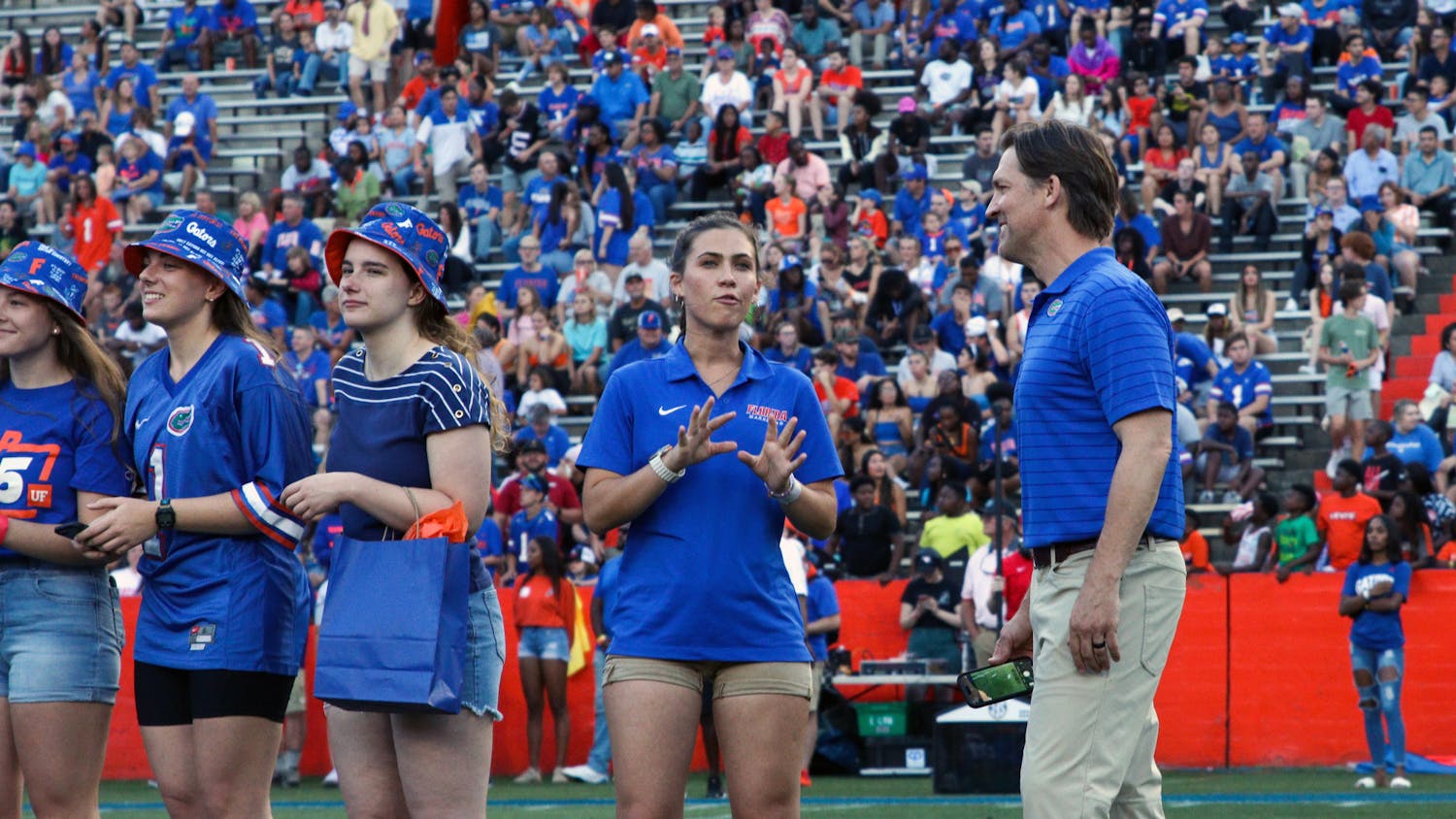 UF President Ben Sasse makes an appearance at the Orange and Blue football game Thursday, April 13, 2023. This is one of the few public appearances Sasse has made after taking office Feb. 3. 