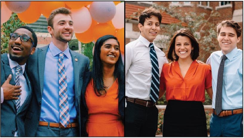 Left: Gator Party’s executive candidates Trevor Pope, Lauredan Official and Jessica Jesurajan.
Right: Inspire Party’s executive candidates Matthew Diaz, Emily Hyden and Matthew Barocas.