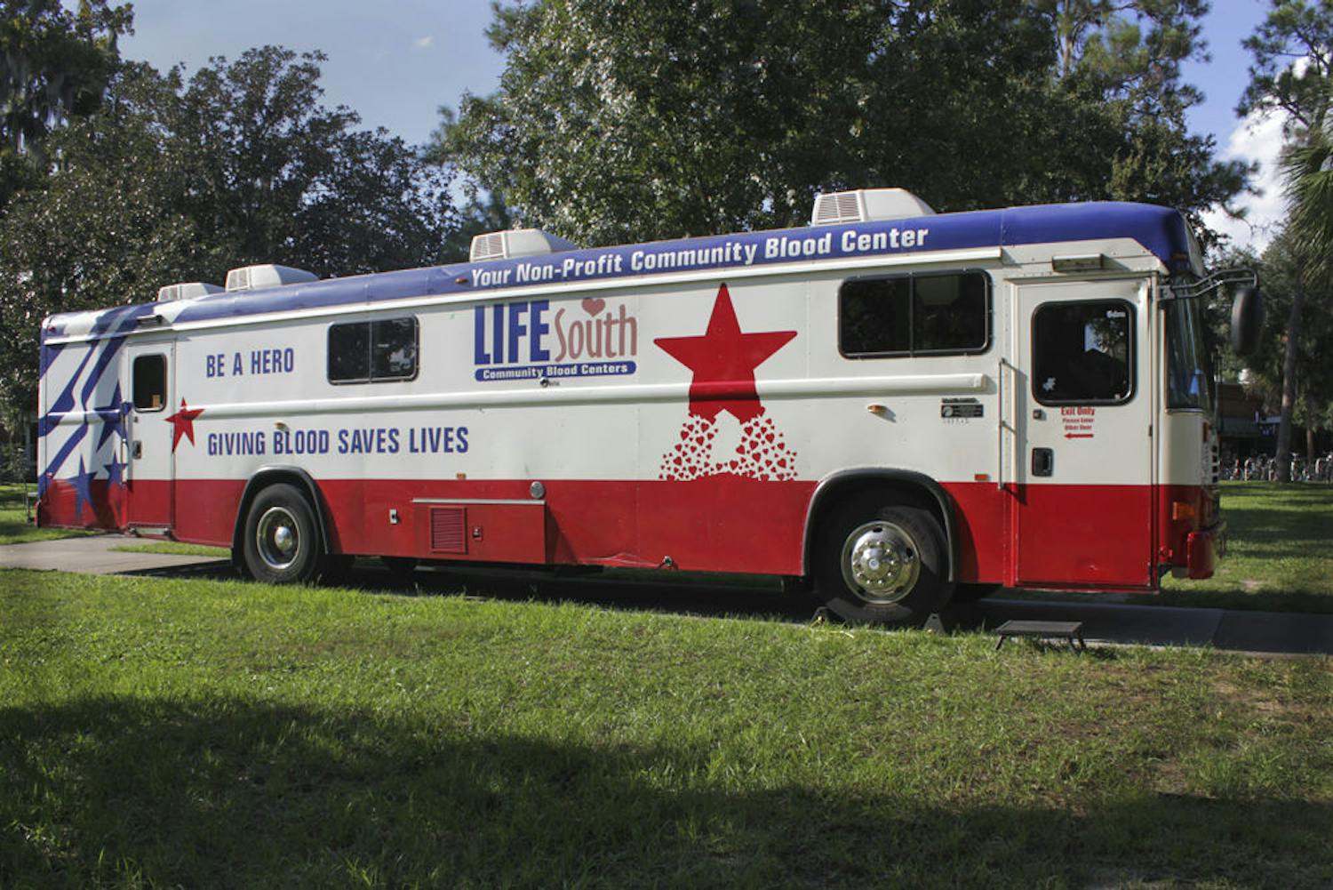 A bloodmobile is parked on the North Lawn behind the Hub on Sept. 14, 2015.