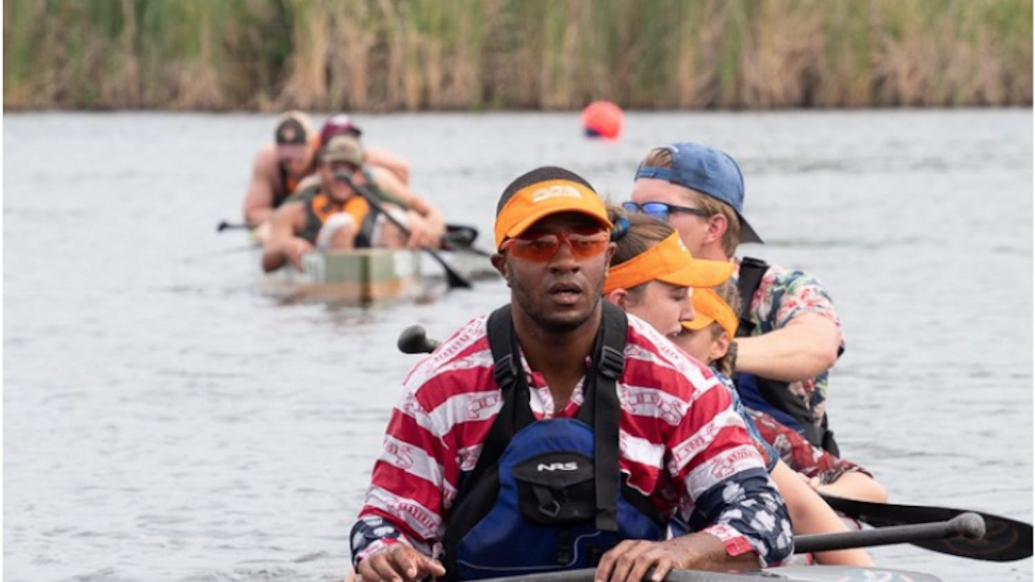 Niam Villabrera, Susanna van de Graad, Sedona Iodice and Nathan O’Donnell (front to back) canoeing in the coed sprint race.