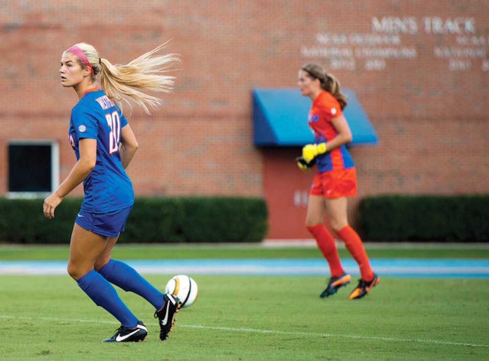 <p>Sophomore Christen Westphal runs down field during UF’s 3-1 victory against Oregon State on Sunday. Florida has allowed two goals in two games this season.</p>