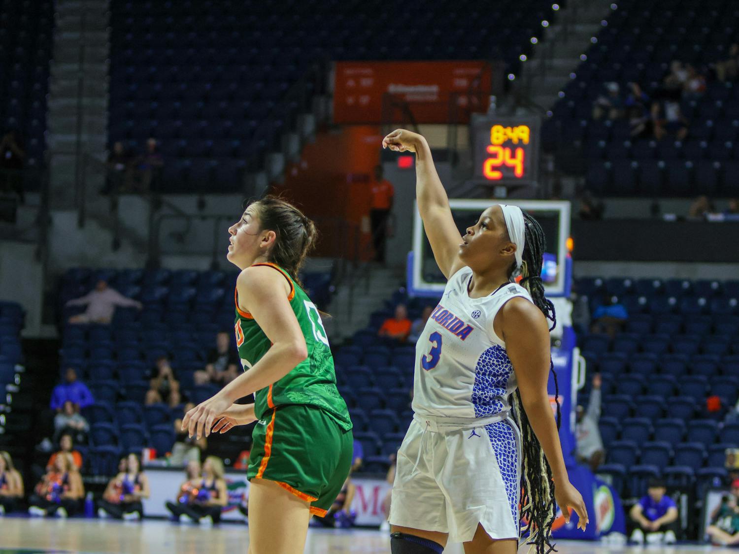 Florida guard KK Deans follows through on a jumper in the Gators&#x27; 83-55 win over the Florida A&amp;M Rattlers Monday, Nov. 7, 2022.