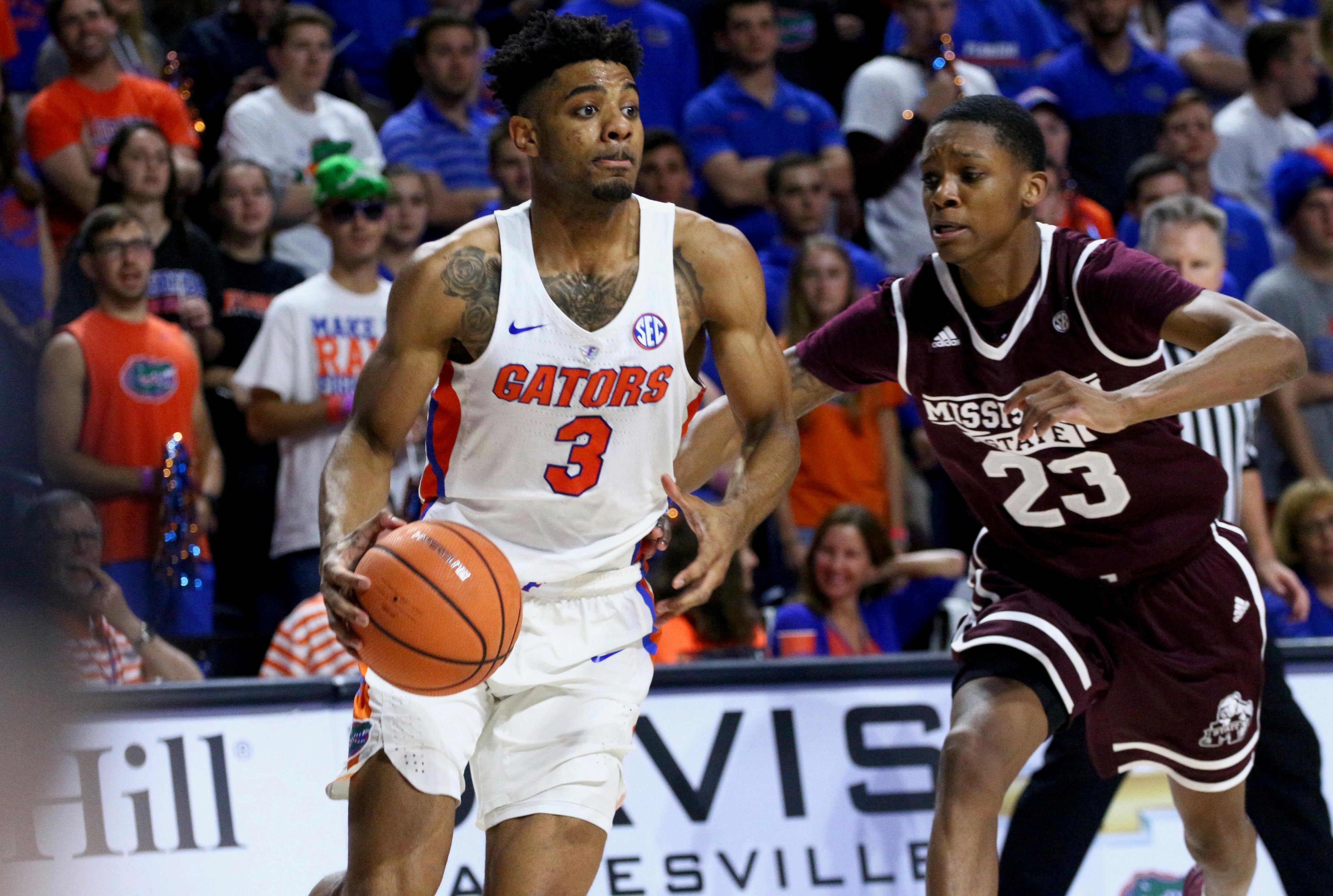 As a junior-transfer in his first year at UF, guard Jalen Hudson (left) led the Gators in scoring with 15.5 points per game. He was named SEC Player of the Week three times in 2017-18.