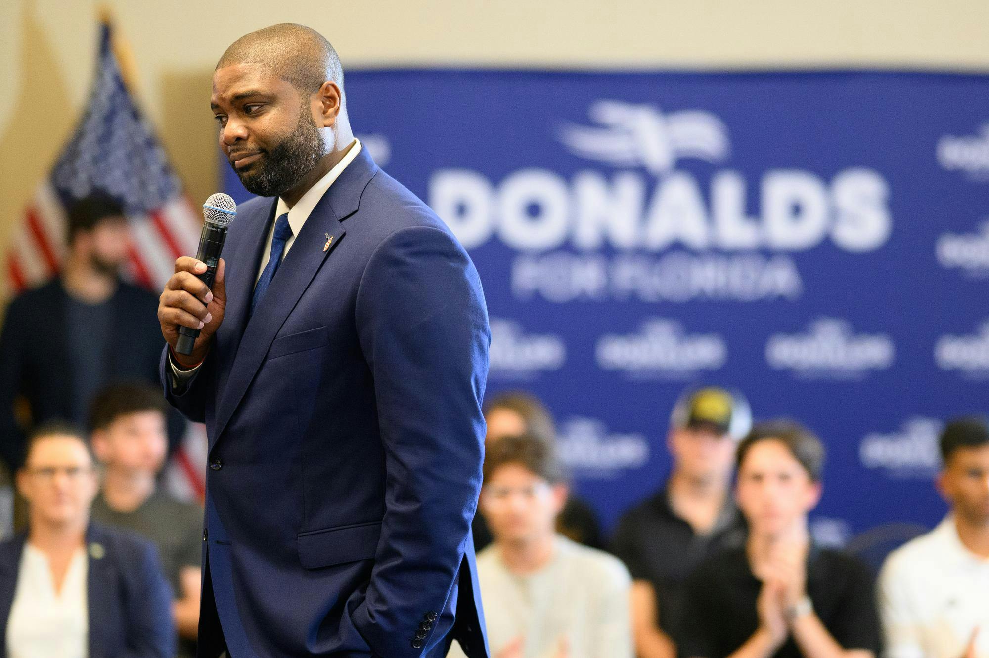 Representative and gubernatorial candidate Byron Donalds speaks during a town hall as a part of his Defending the Florida Dream Tour, Wednesday, Sept. 30, 2026, in Gainesville, Fla.