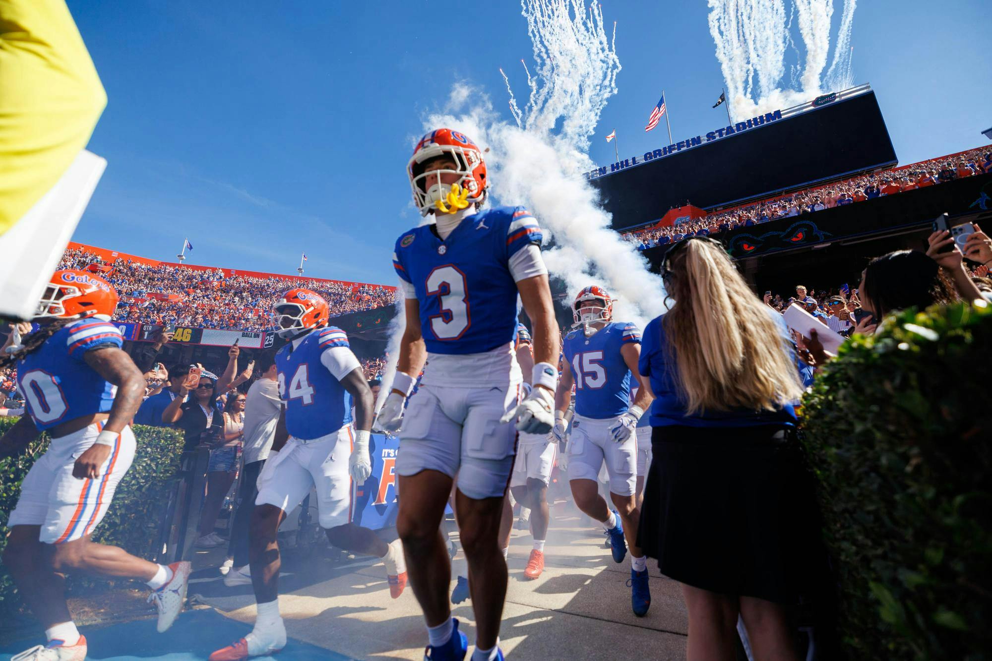 Florida wide receiver Bailey Stockton (3) runs out onto the field during the first half of an NCAA college football game against Ole Miss, Saturday, Sept. 26, 2026, in Gainesville, Fla.