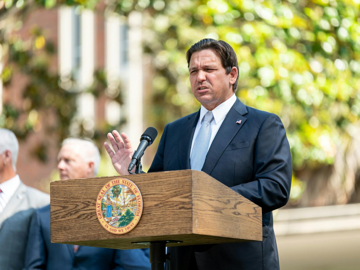 Governor Ron DeSantis addresses campus protests at the Plaza of the Americas on Wednesday, May 8, 2024 amid chants for UF to divest funds to weapons manufacturers involved in the Israeli-Palestinian conflict.