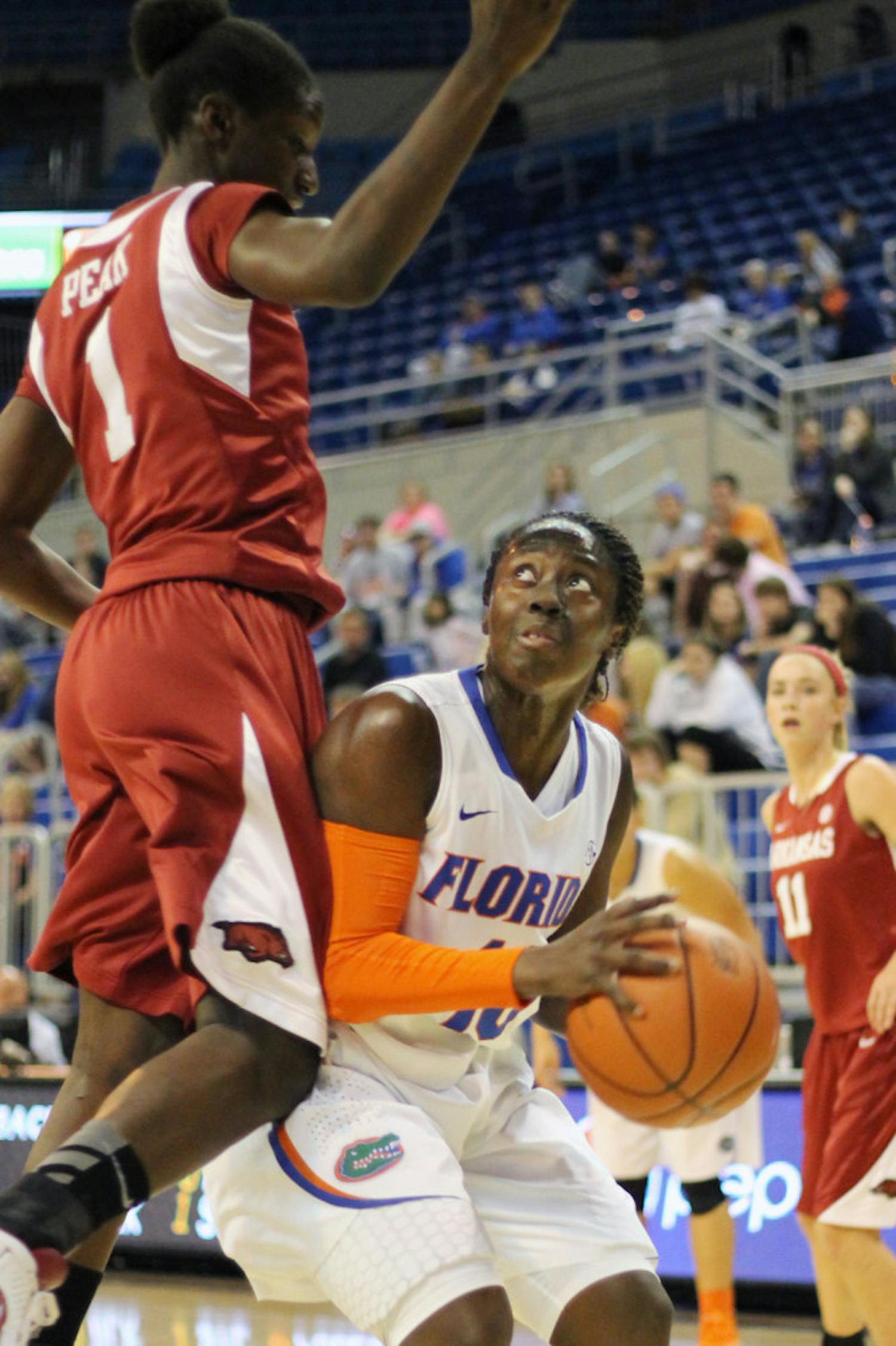 Guard Jaterra Bonds drives to the basket during Florida’s 69-58 win against Arkansas on Feb. 28 in the O'Connell Center.