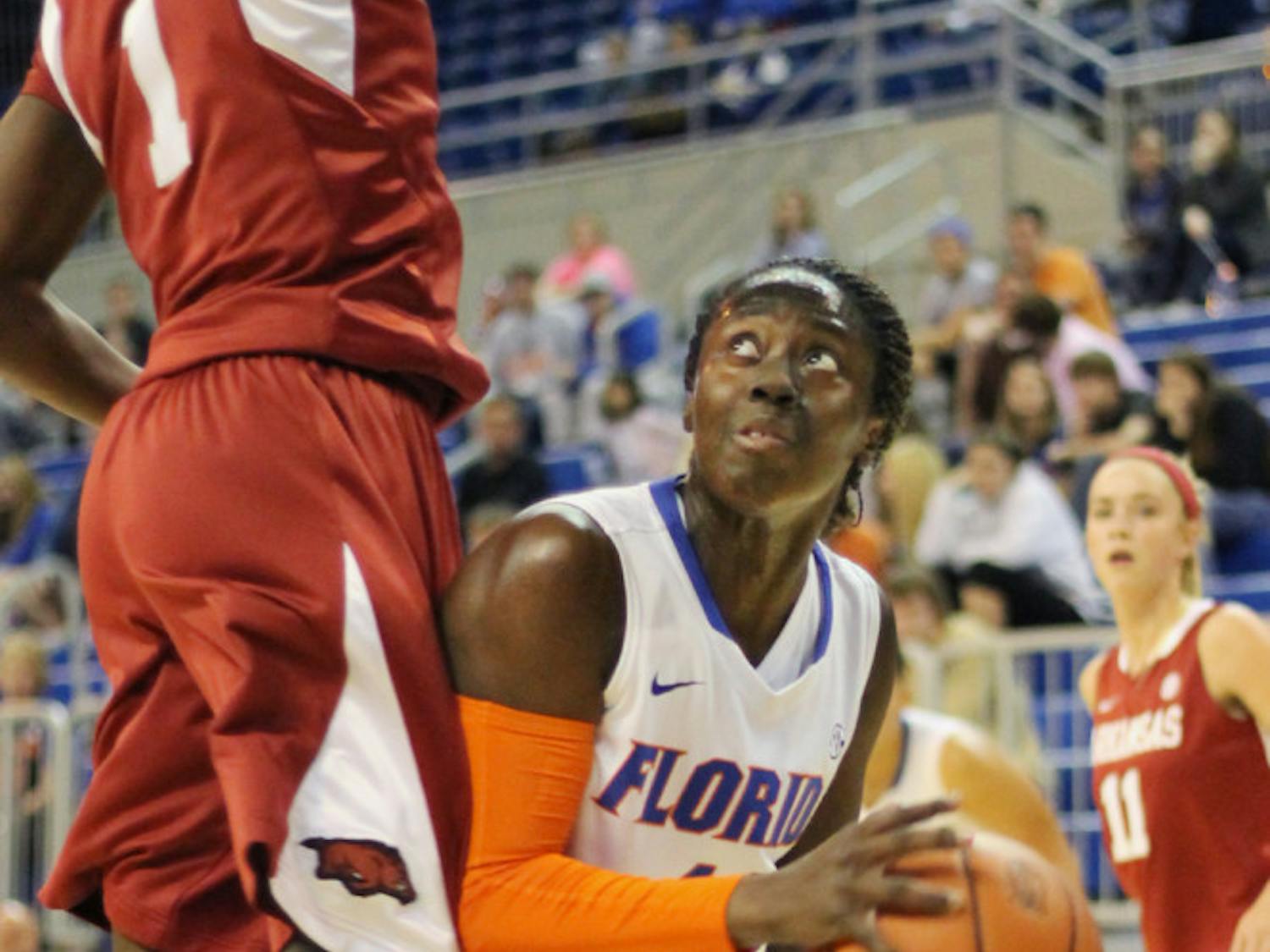 Guard Jaterra Bonds drives to the basket during Florida’s 69-58 win against Arkansas on Feb. 28 in the O'Connell Center.