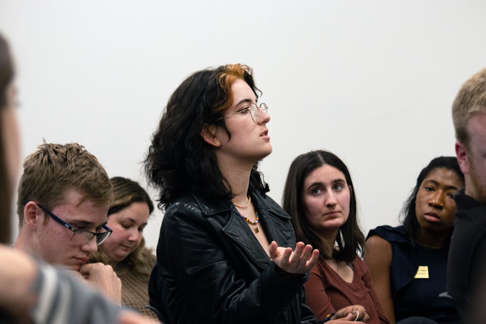 <p>Fine Arts Senator of the Change Caucus Cassie Urbenz asks a question during the UF Student Senate Q&amp;A session about student organizational funding Wednesday, Jan. 11, 2023.</p>