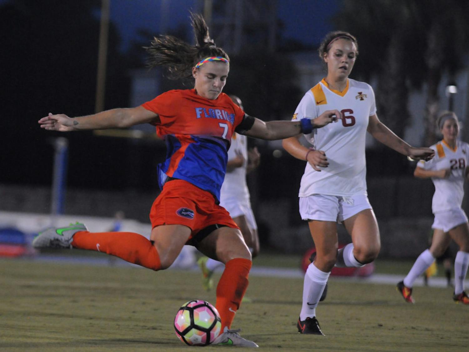 UF forward Savannah Jordan takes a shot on goal during Florida's 5-2 win against Iowa State on Aug. 19, 2016, at James G. Pressly Stadium.
