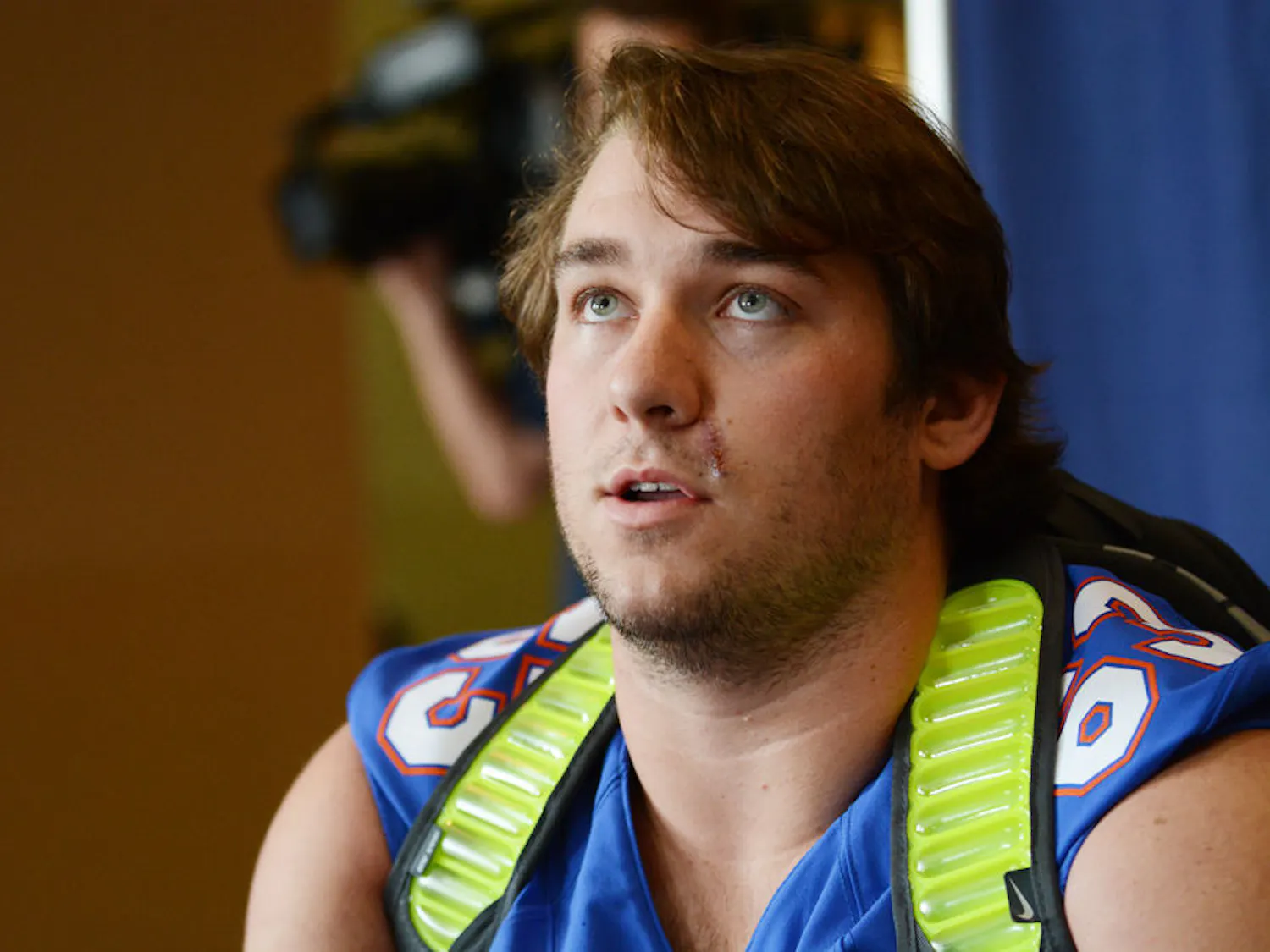 Offensive lineman Trip Thurman speaks to media members during UF's Media Day on Aug. 5, 2015, at the Touchdown Terrace in Ben Hill Griffin Stadium.