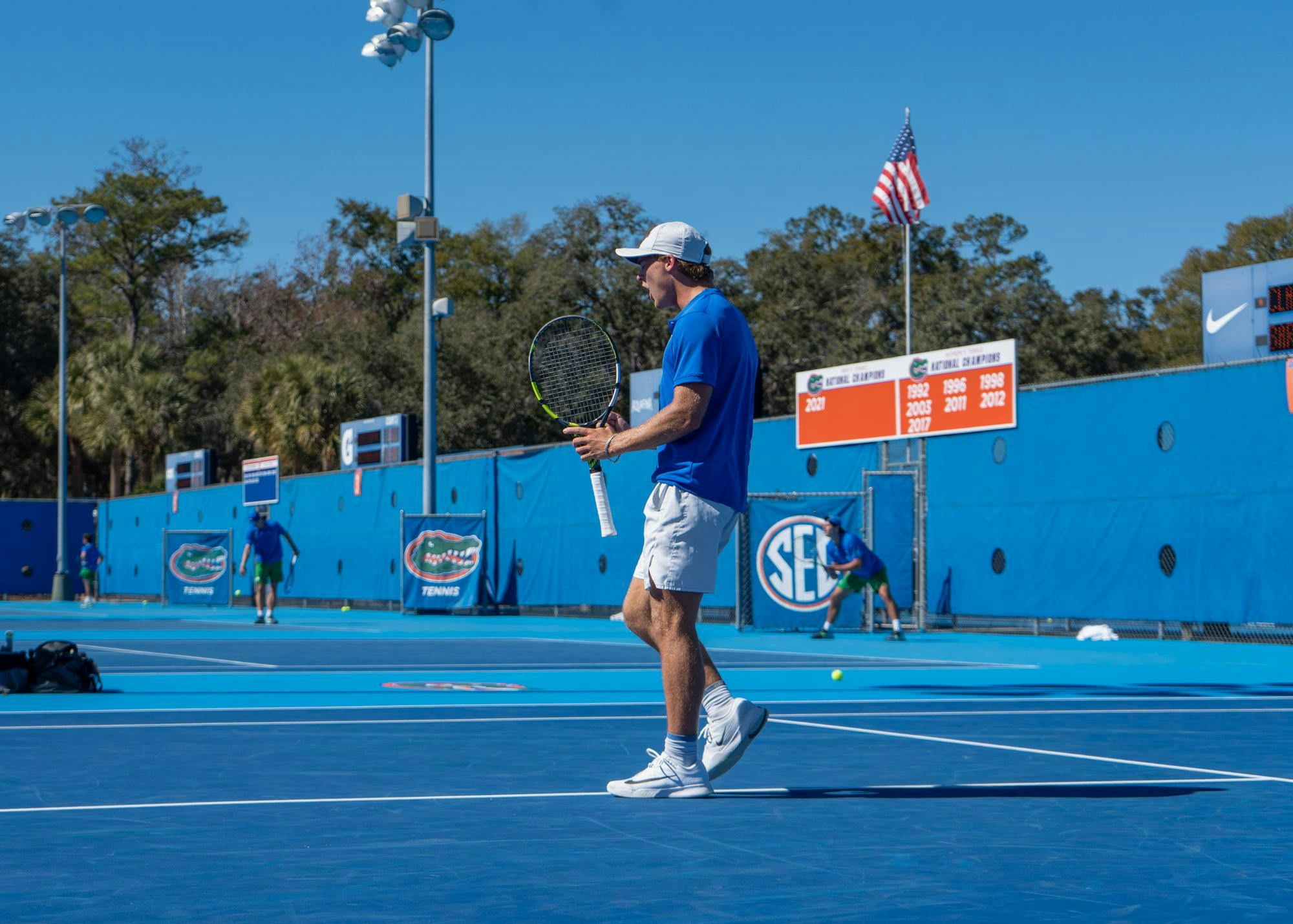 Florida's Kevin Edengren celebrates during an NCAA men's tennis match against Gustav Hasslegren of Florida Gulf Coast University, Saturday, Feb. 7, 2026, in Gainesville, Fla.