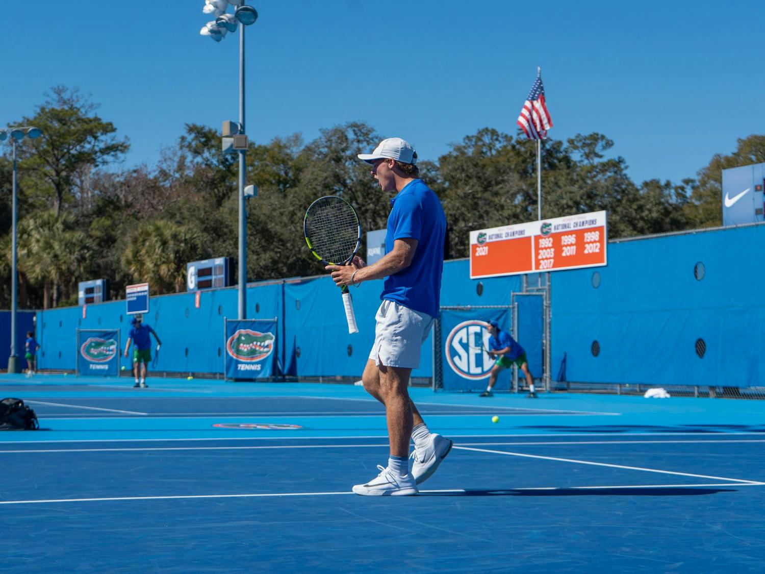 Florida's Kevin Edengren celebrates during an NCAA men's tennis match against Gustav Hasslegren of Florida Gulf Coast University, Saturday, Feb. 7, 2026, in Gainesville, Fla.