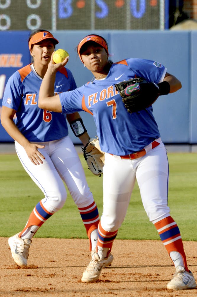 Kelsey Stewart throws to first base during UF's 2-1 win against UNF on April 1, 2015, at Katie Seashole Pressly Stadium.