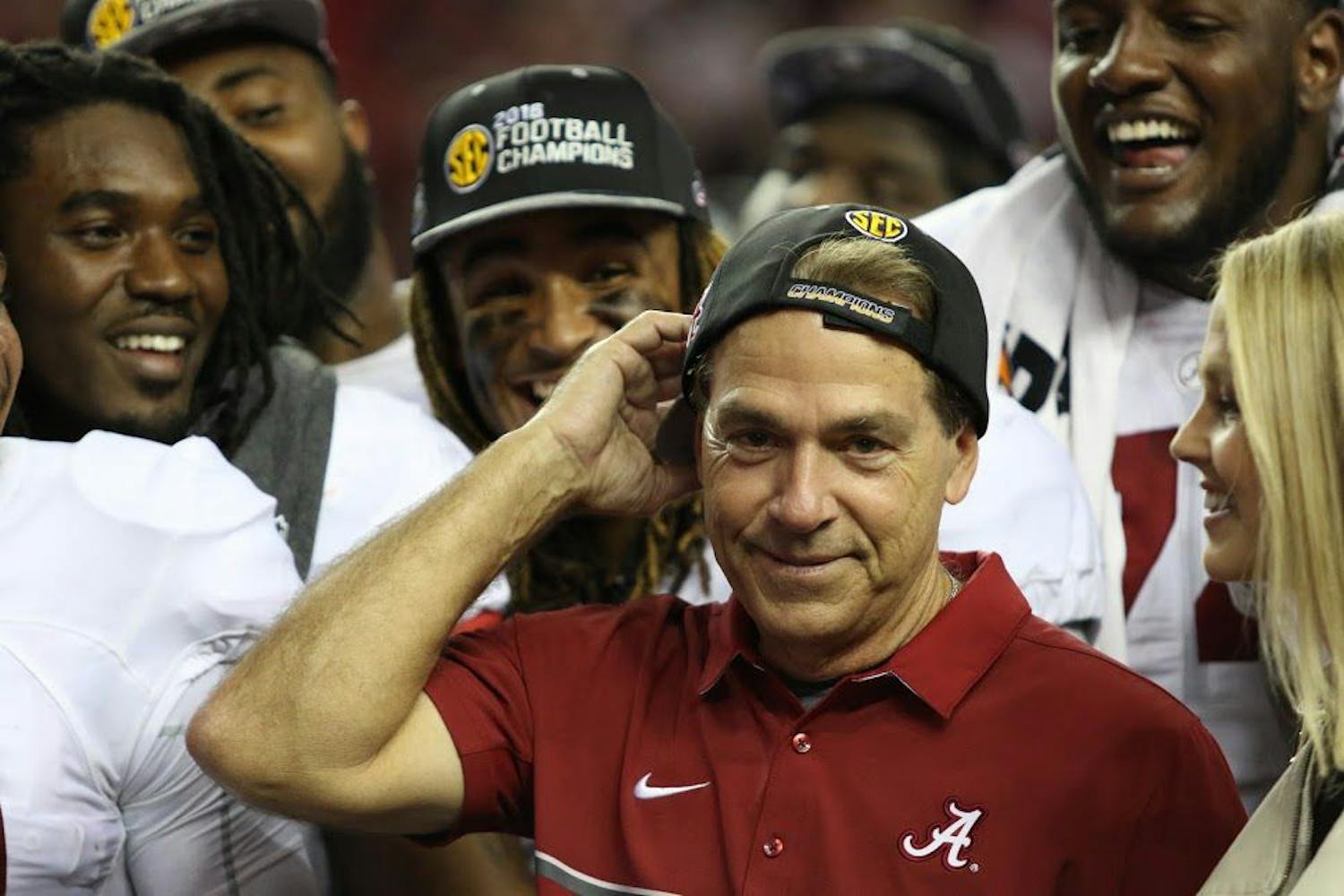 Nick Saban celebrates after winning the SEC Championship on Saturday, Dec. 3, in the Georgia Dome.&nbsp;
