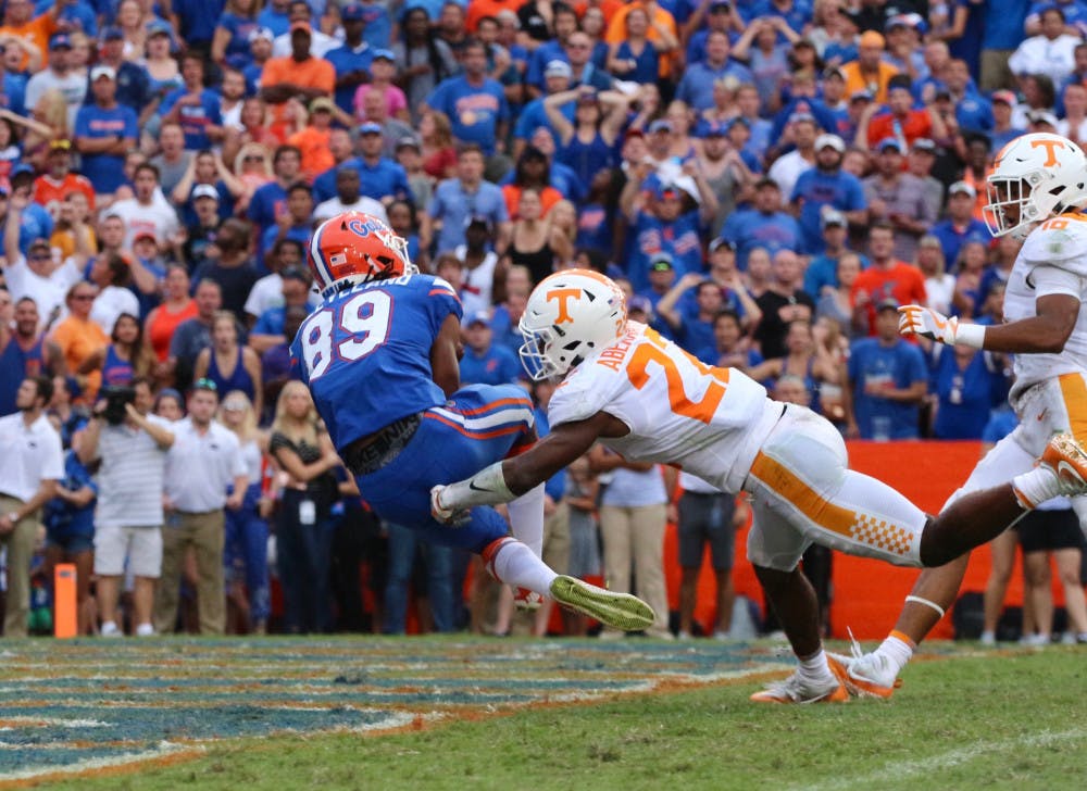 <p>UF wide receiver Tyrie Cleveland makes the game winning touchdown catch in Florida's 26-20 win against Tennessee at Ben Hill Griffin Stadium.</p>
