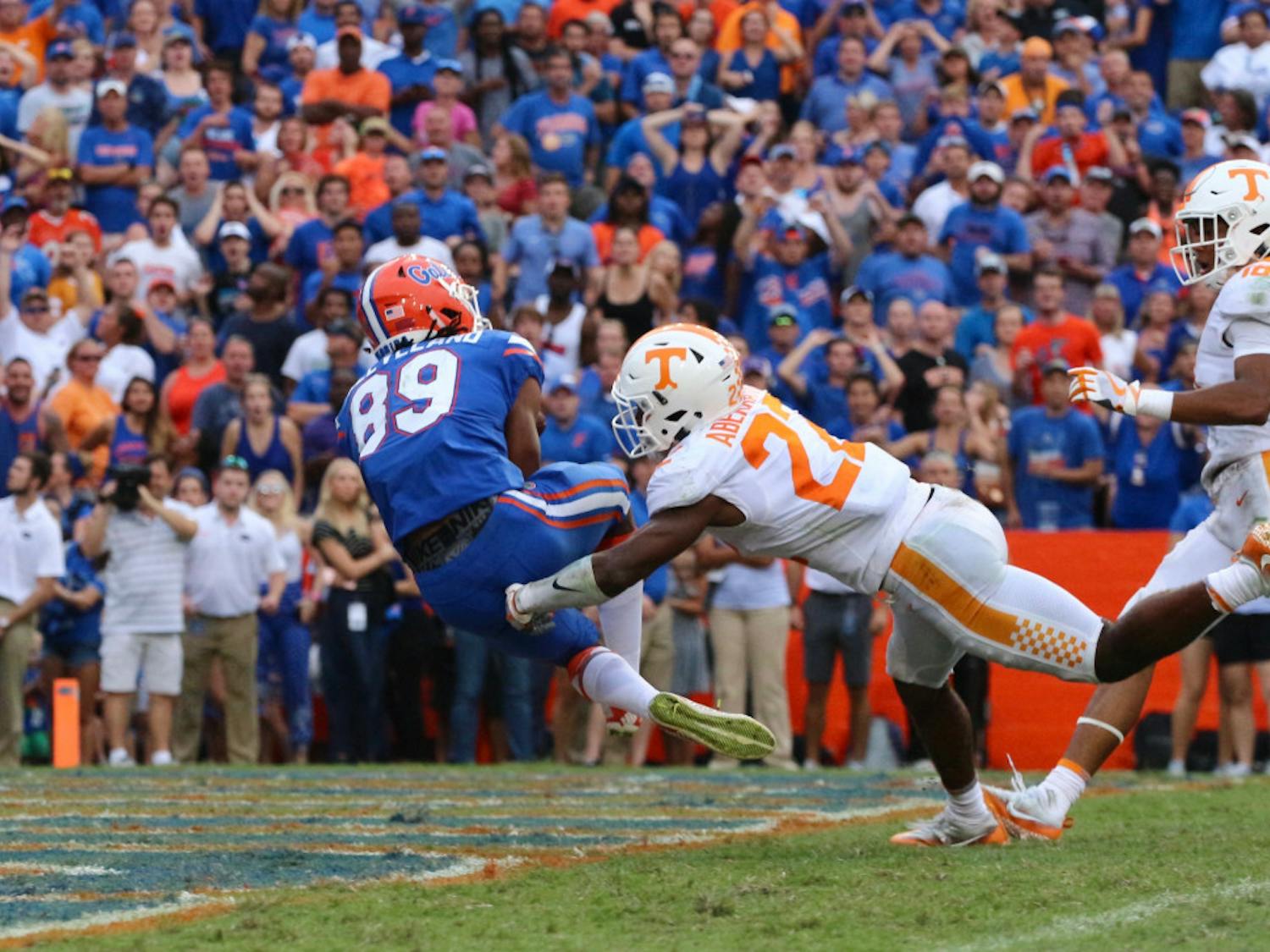 UF wide receiver Tyrie Cleveland makes the game winning touchdown catch in Florida's 26-20 win against Tennessee at Ben Hill Griffin Stadium.