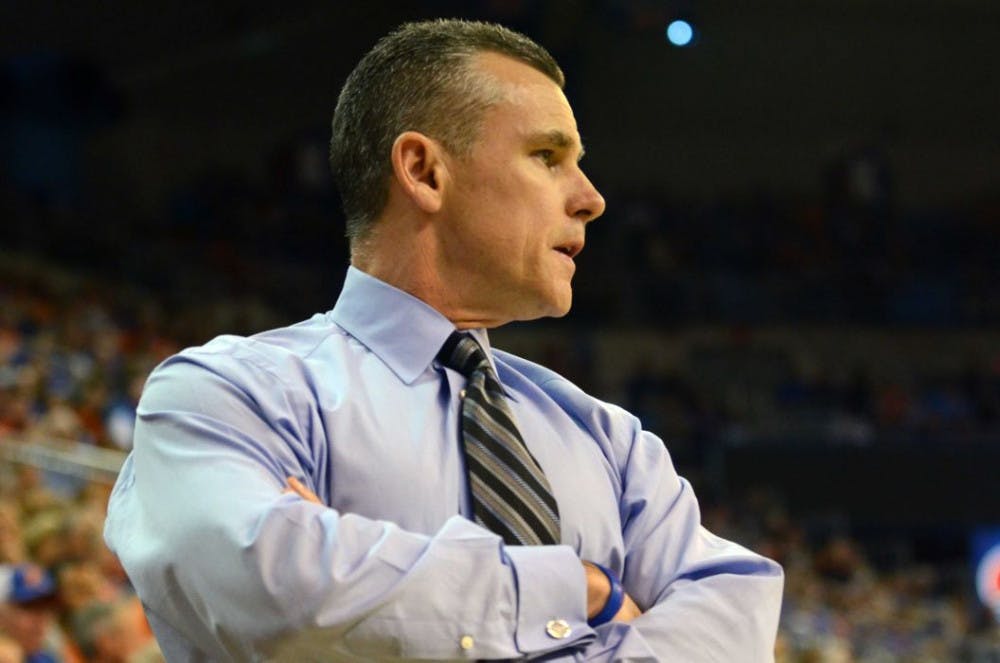 <p>Billy Donovan looks down the court during Florida's 72-47 win against Mississippi State on Saturday in the O'Connell Center.</p>