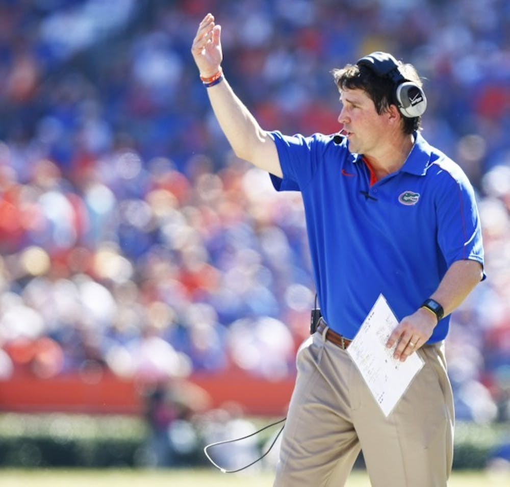 <p>Coach Will Muschamp reacts to a call during Florida’s 14-7 win against Missouri on Saturday at Ben Hill Griffin Stadium.&nbsp;</p>