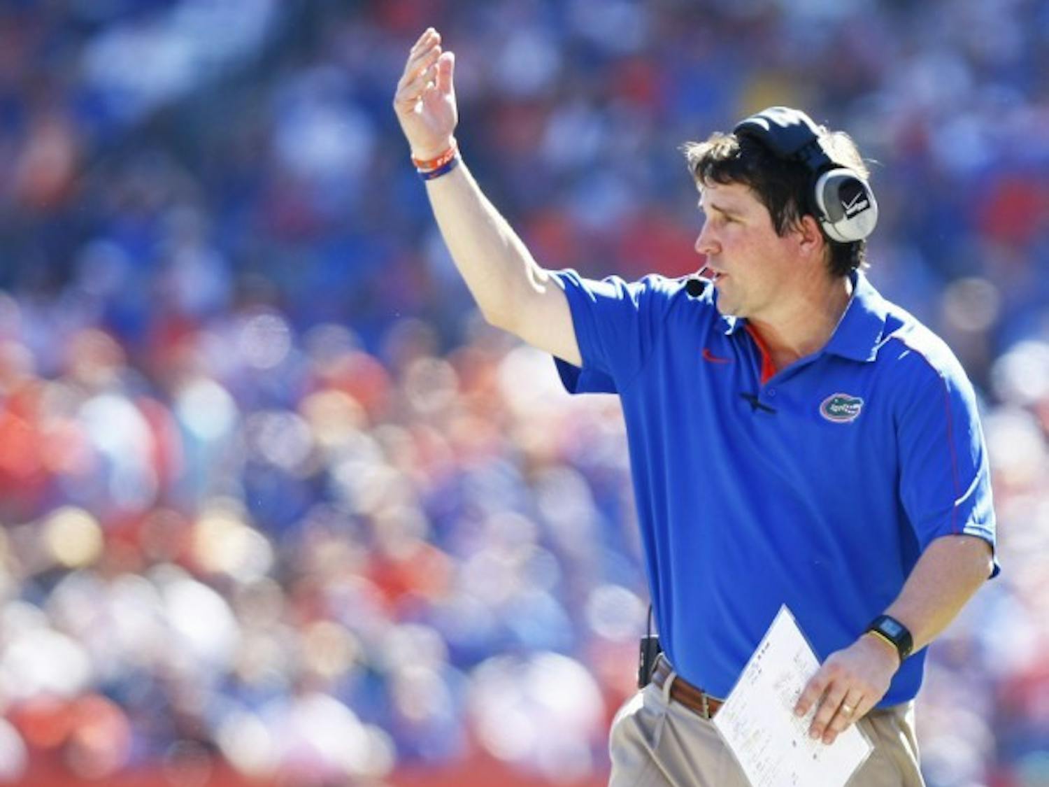 Coach Will Muschamp reacts to a call during Florida’s 14-7 win against Missouri on Saturday at Ben Hill Griffin Stadium.&nbsp;
