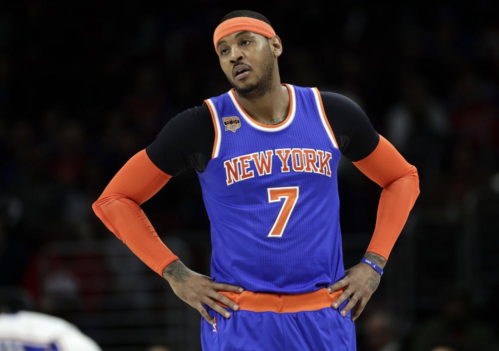 <p>FILE - In this Jan. 11, 2017, file photo, New York Knicks' Carmelo Anthony looks on during a break in an NBA basketball game against the Philadelphia 76ers in Philadelphia. Phil Jackson may be trying to trade Anthony because he's given up trying to change him. That seemed to be the conclusion when the Knicks president of basketball operations broke his Twitter silence with a tweet that was another dig at the star forward. (AP Photo/Matt Slocum, File)</p>