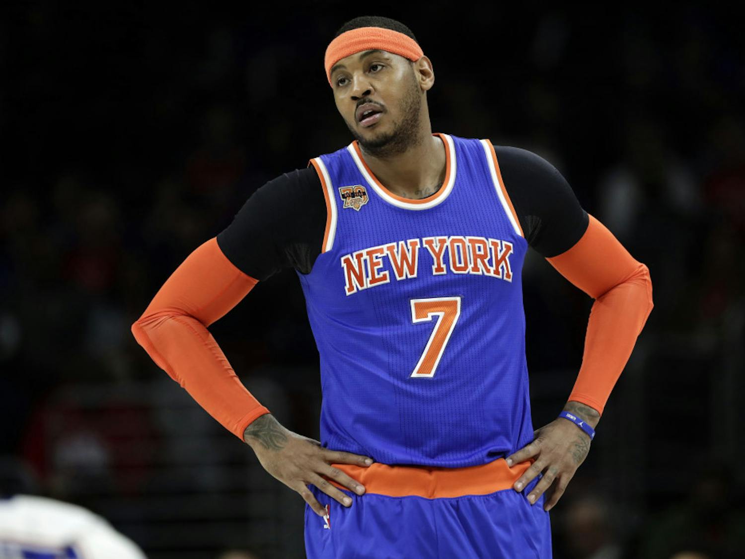 FILE - In this Jan. 11, 2017, file photo, New York Knicks' Carmelo Anthony looks on during a break in an NBA basketball game against the Philadelphia 76ers in Philadelphia. Phil Jackson may be trying to trade Anthony because he's given up trying to change him. That seemed to be the conclusion when the Knicks president of basketball operations broke his Twitter silence with a tweet that was another dig at the star forward. (AP Photo/Matt Slocum, File)