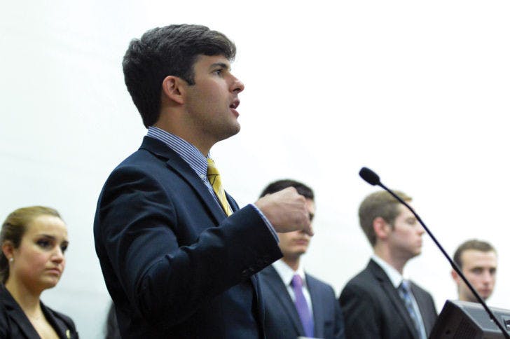 Cory Yeffet speaks about the Student Government executive branch recommendations during a Student Senate meeting on April 22, 2014.