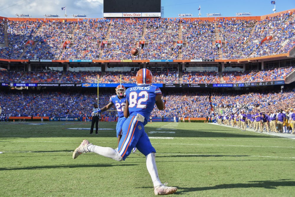 Tight end Moral Stephens (82) has six catches for 76 yards and three touchdowns this season. He spent last season as a backup to starter C'yontai Lewis and hadn't caught a touchdown pass until this year. 
